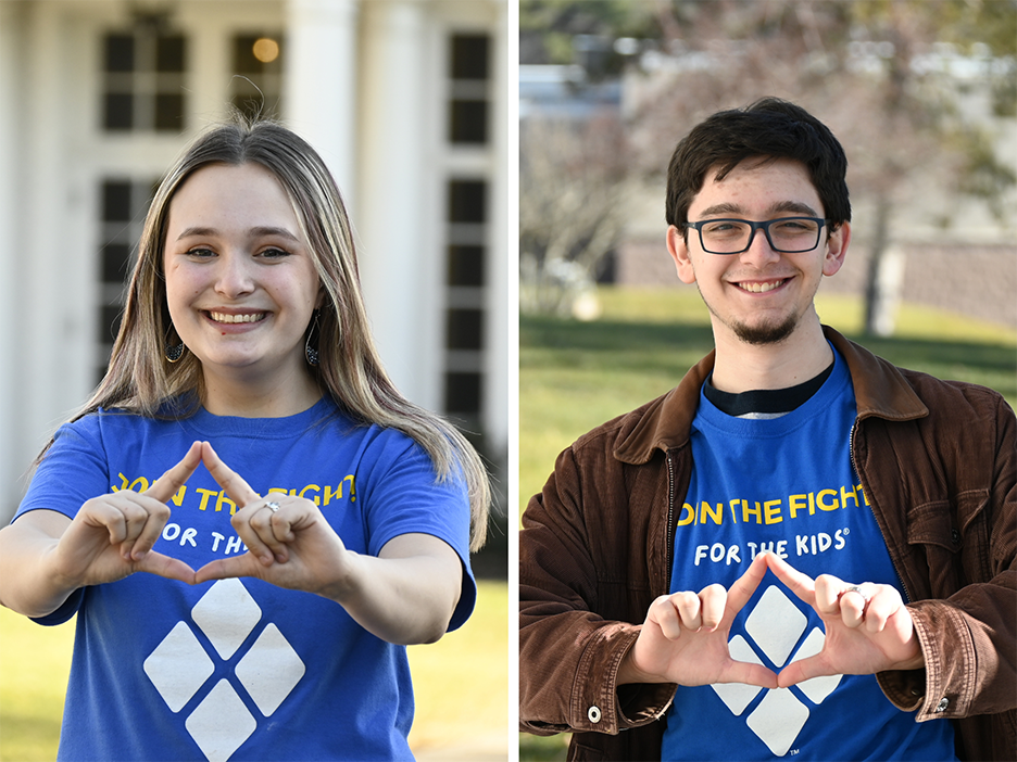 A combined image of two people, each making a diamond symbol with their hands. 