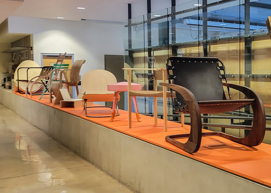 Chairs align a section of the first floor in the Stuckeman Family Building. 