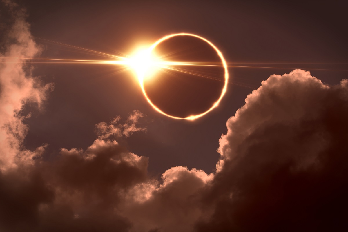 The moon covers the sun in a solar eclipse.