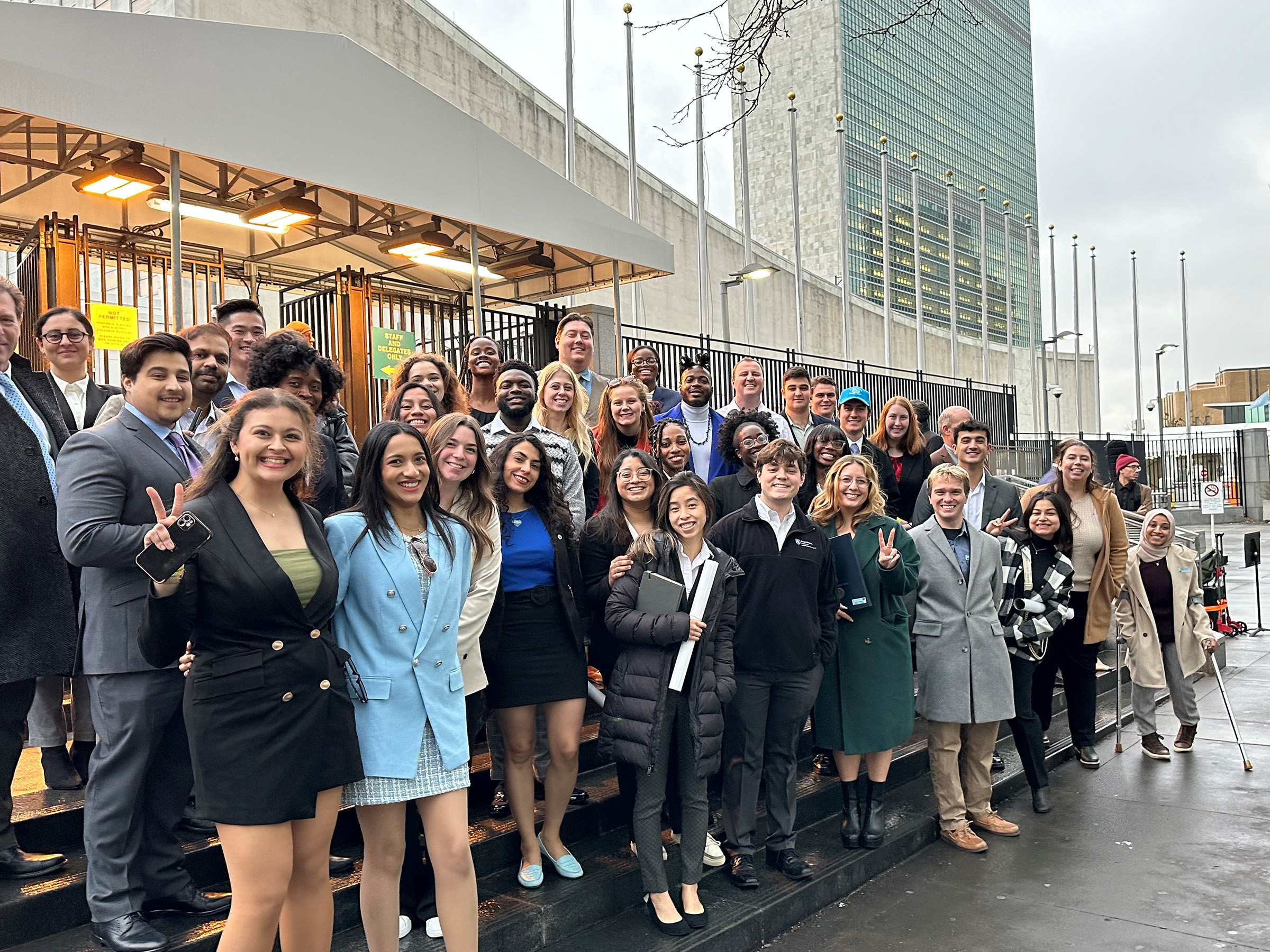 SIA students outside the United Nations during the career exposure trip to New York City.