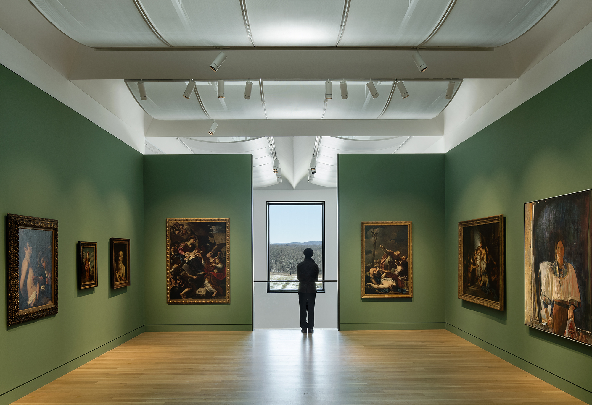 View of the Gallery of European Art at the Palmer Museum of Art at Penn State with view of the Arboretum.