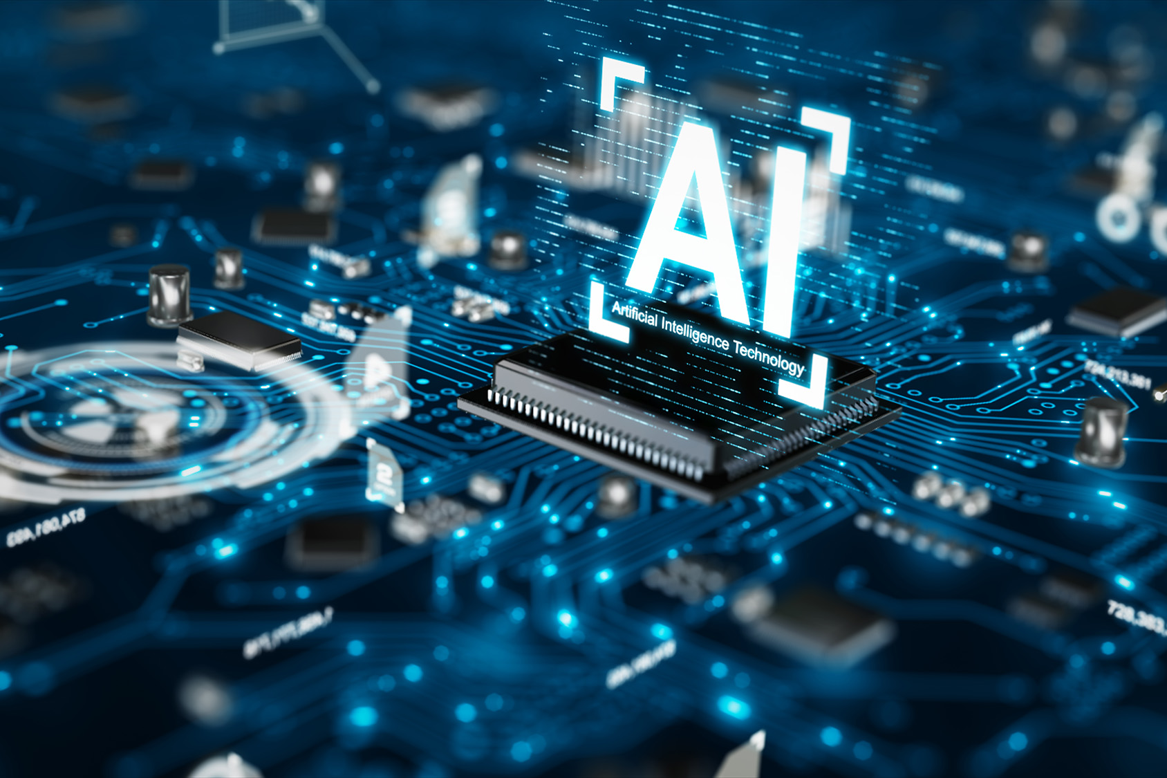 3D render AI artificial intelligence technology CPU central processor unit chipset on the printed circuit board for electronic and technology concept select focus shallow depth of field.