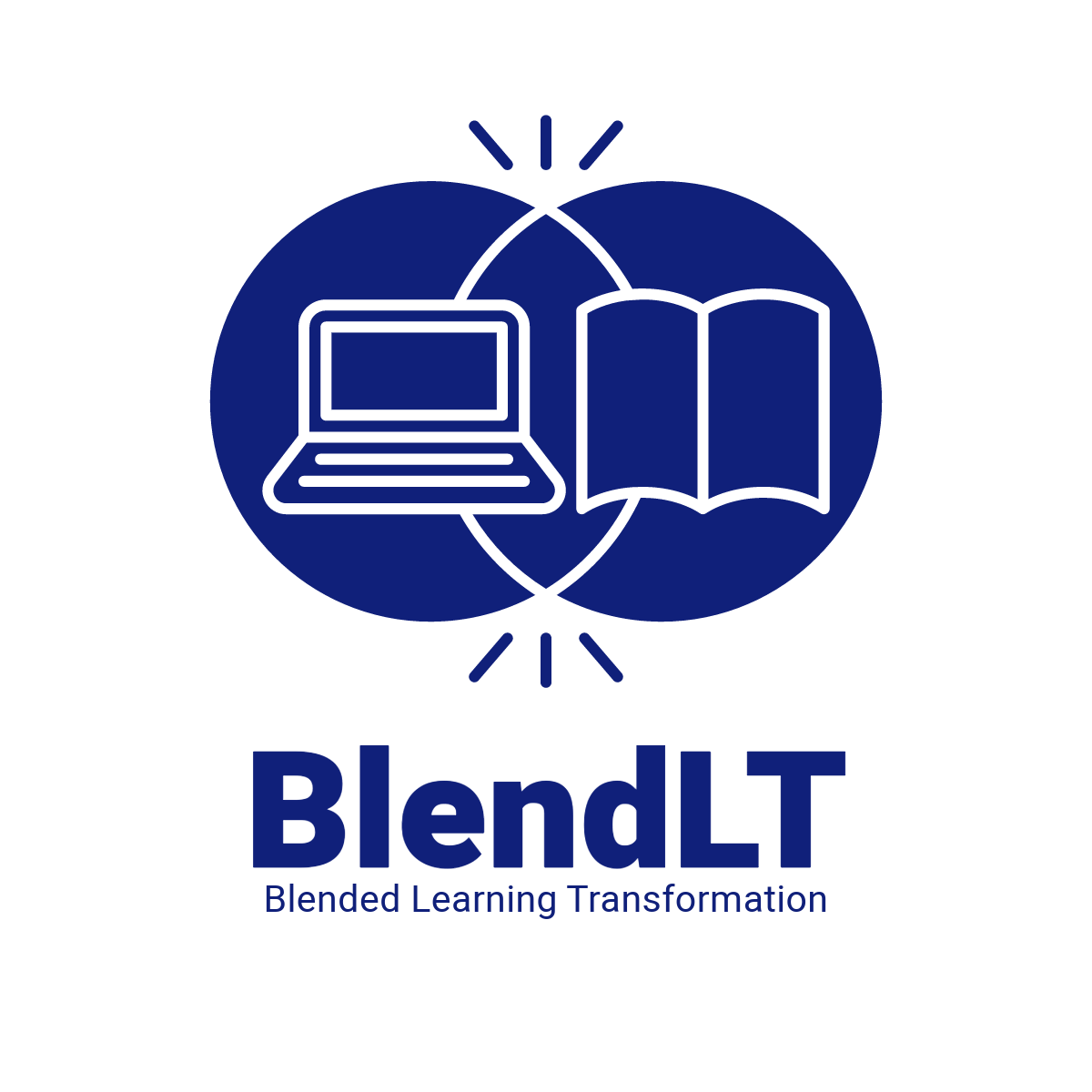 The image features a logo with the text "BlendLT" prominently displayed, which stands for Blended Learning Transformation. The design symbolizes the integration of technology and traditional learning methods, with a laptop and an open book illustrated side by side within a circle. Rays emanate from the point where the book and laptop meet, suggesting the enlightening fusion of these elements in educational transformation. 