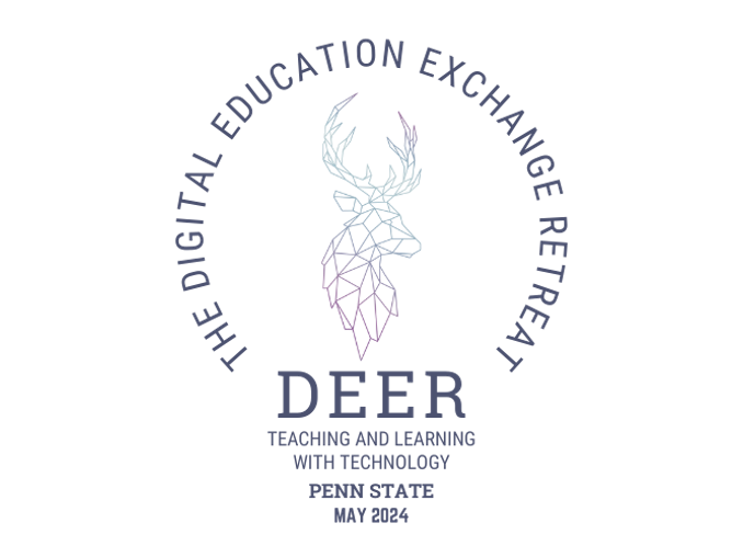 A logo that has an abstract deer in the center and "The Digital Fluency Education Exchange Retreat" curved around the deer. Under the deer states "Teaching and Learning with Technology", then "Penn State", then "May 2024". The logo is designed to represent a light bulb, symbolizing that the retreat is focused on sparking and exchanging ideas. 