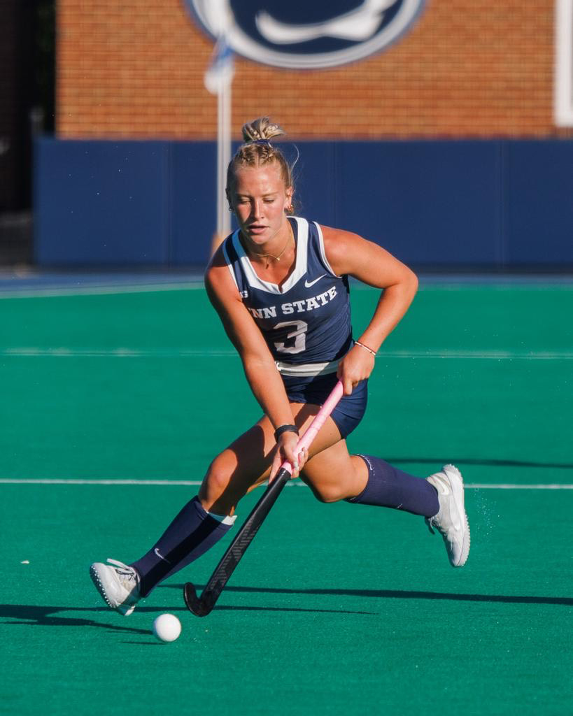 Sophia Gladieux controls the ball with her stick during a Penn State field hockey game.