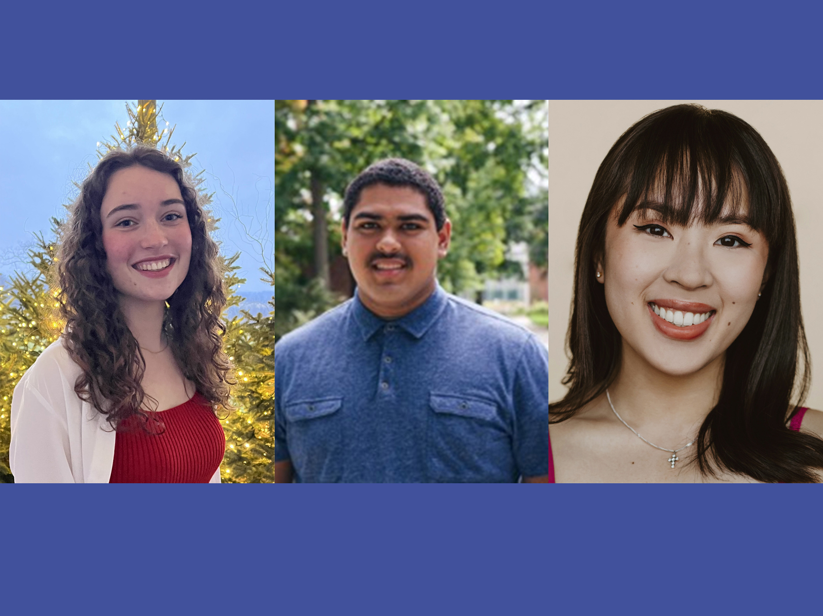 Three head shots of college students