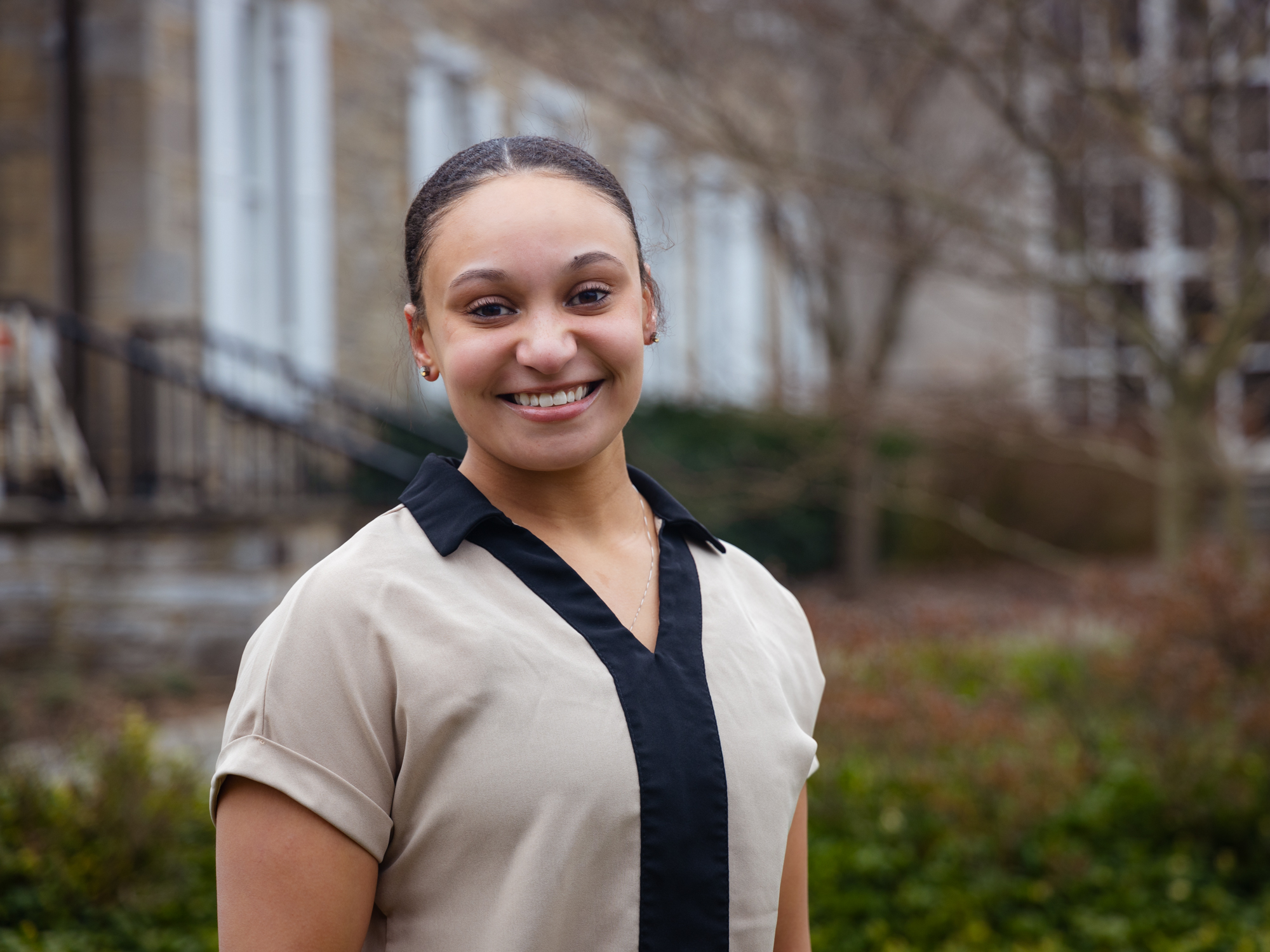 Mia Jordan outside the Hintz Family Alumni Center