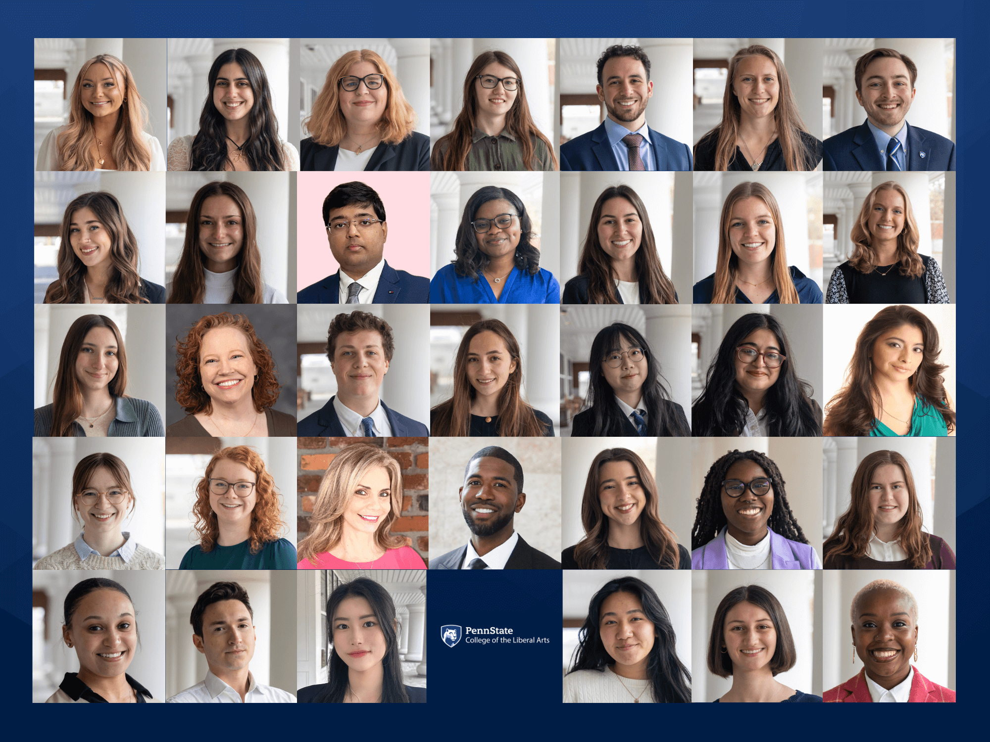 Headshots of the 34 Liberal Arts major marshals selected to represent the College of the Liberal Arts at spring 2024 commencement