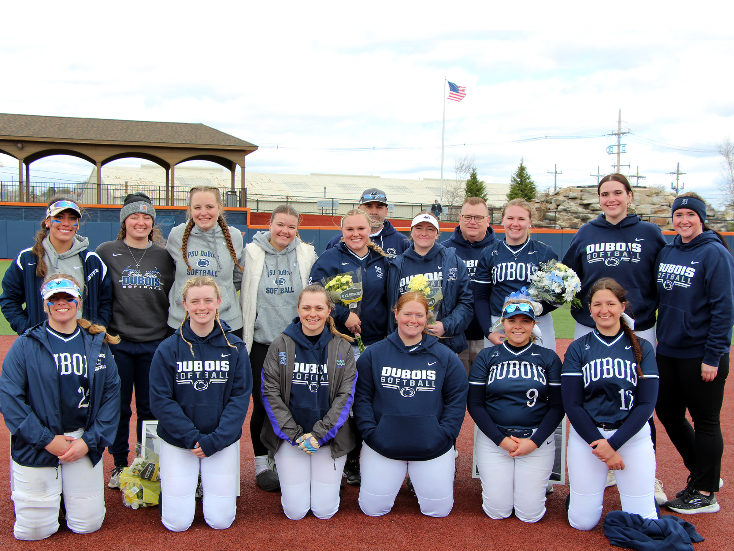 The softball team at Penn State DuBois gather for a team photo at Heindl Field in DuBois.