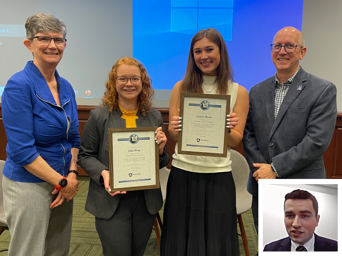 two white female college students holding wooden framed certificates standing between older white female and male plus bottom right inset photo of white male college student