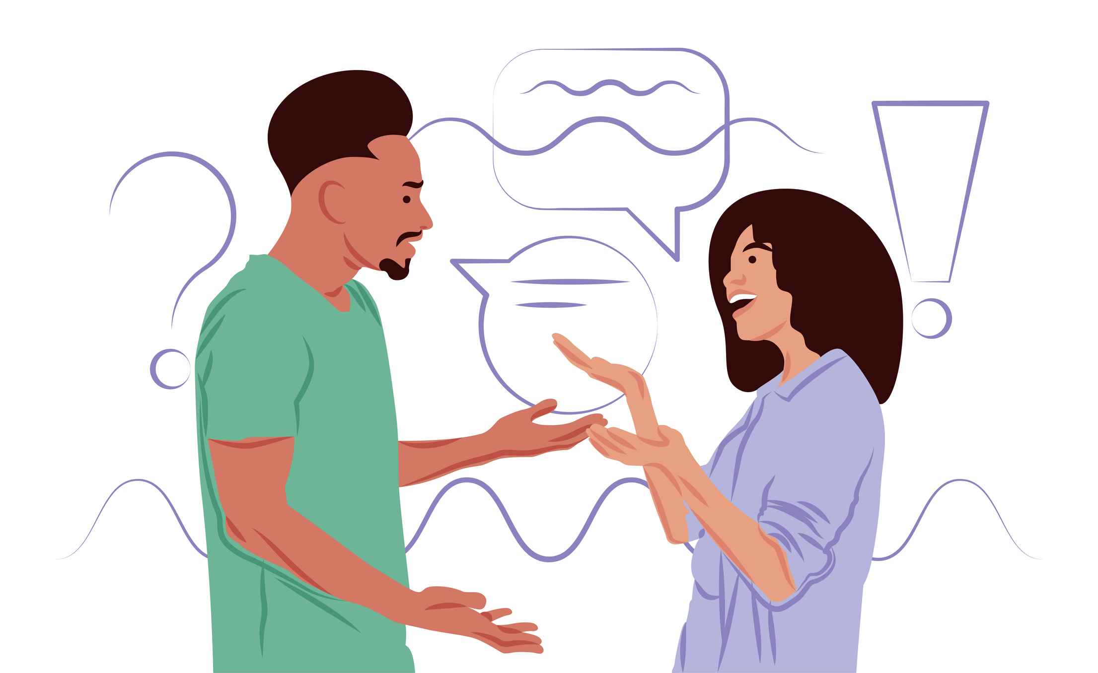 Illustrated graphic of two people conversing with text bubbles, a question mark, and exlamation point graphic in background.