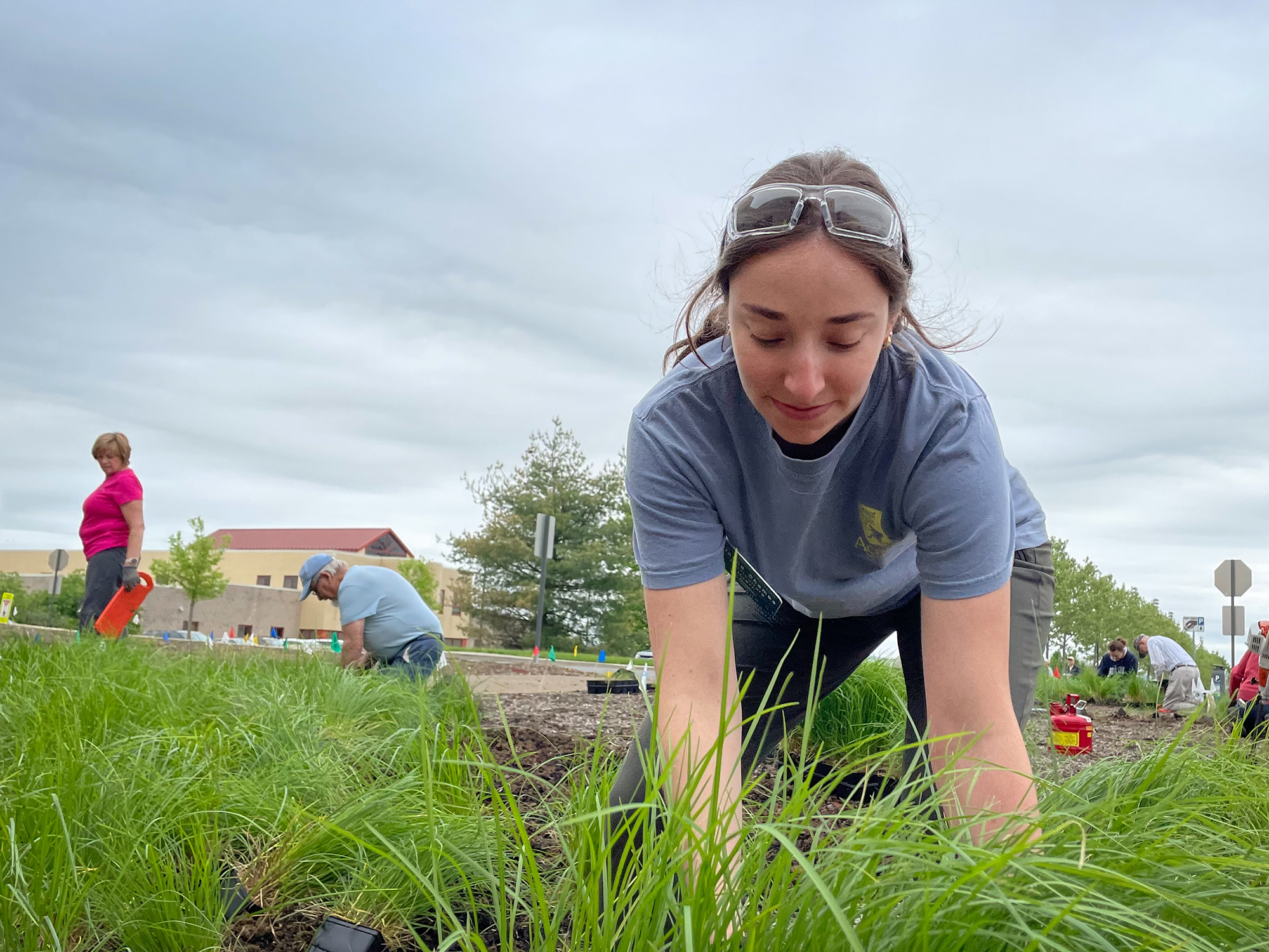 Young woman kneels facing camera to plant grasses