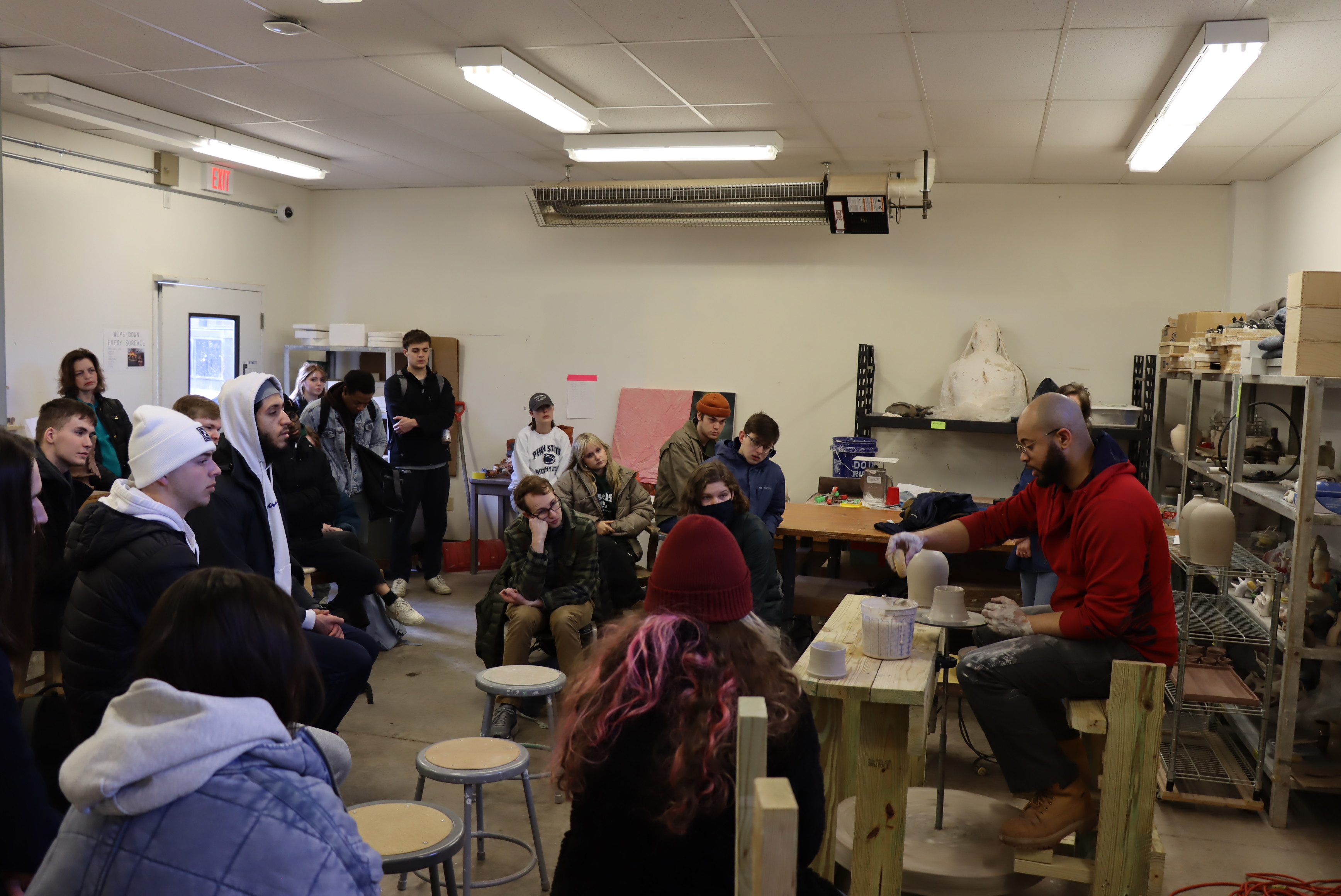 Kick-wheel demo in Annie Cross's art history class