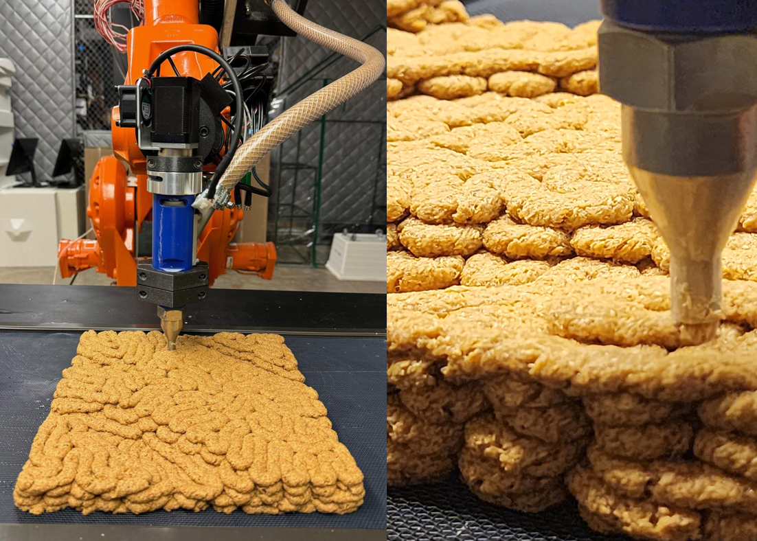 A split screen image of an ABB robot 3D printing mycelium-based composites at left and a close-up view of the extrusion nozzle while printing at right.