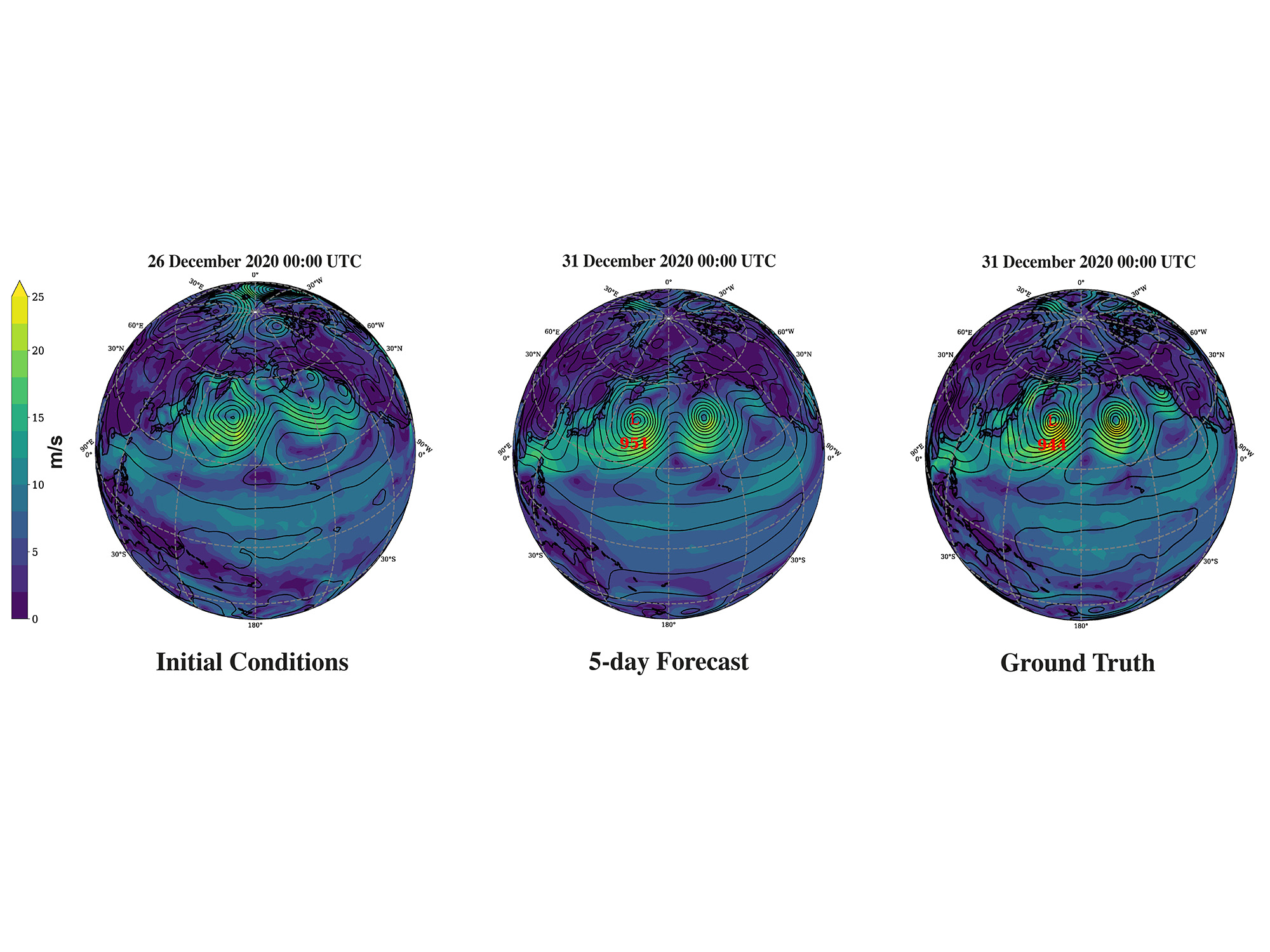 This illustration of three globe graphs shows a five-day forecast of near-surface wind speed and mean sea level pressure.