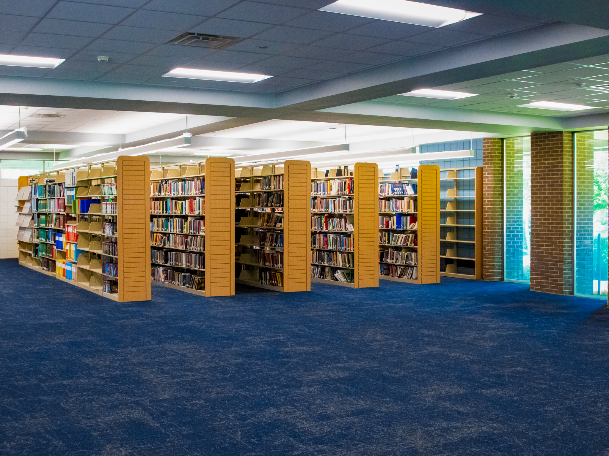 Penn State Fayette's library with new blue carpeting and paint.