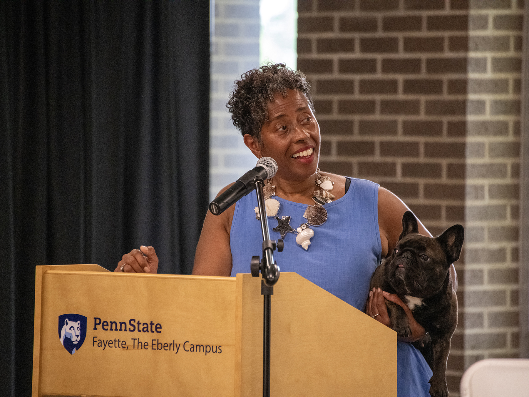 Vinnie Bagwell delivers a speech on the significance of the Rev. James Lawson Jr. statue at the unveiling ceremony at Penn State Fayette, The Eberly Campus.