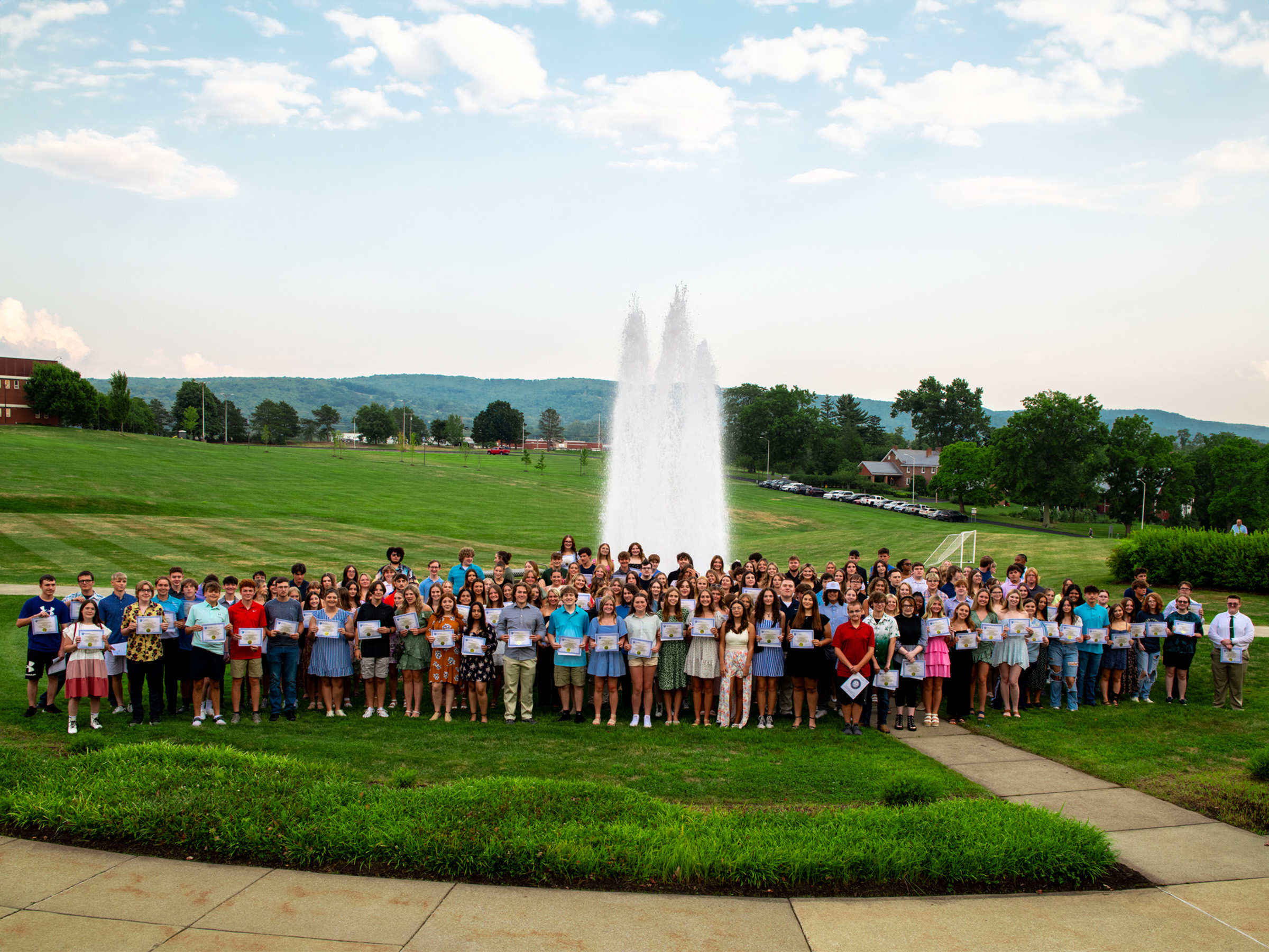 High school student recipients gather outside Penn State Fayette’s Community Center with their 4.0 Club Certificates