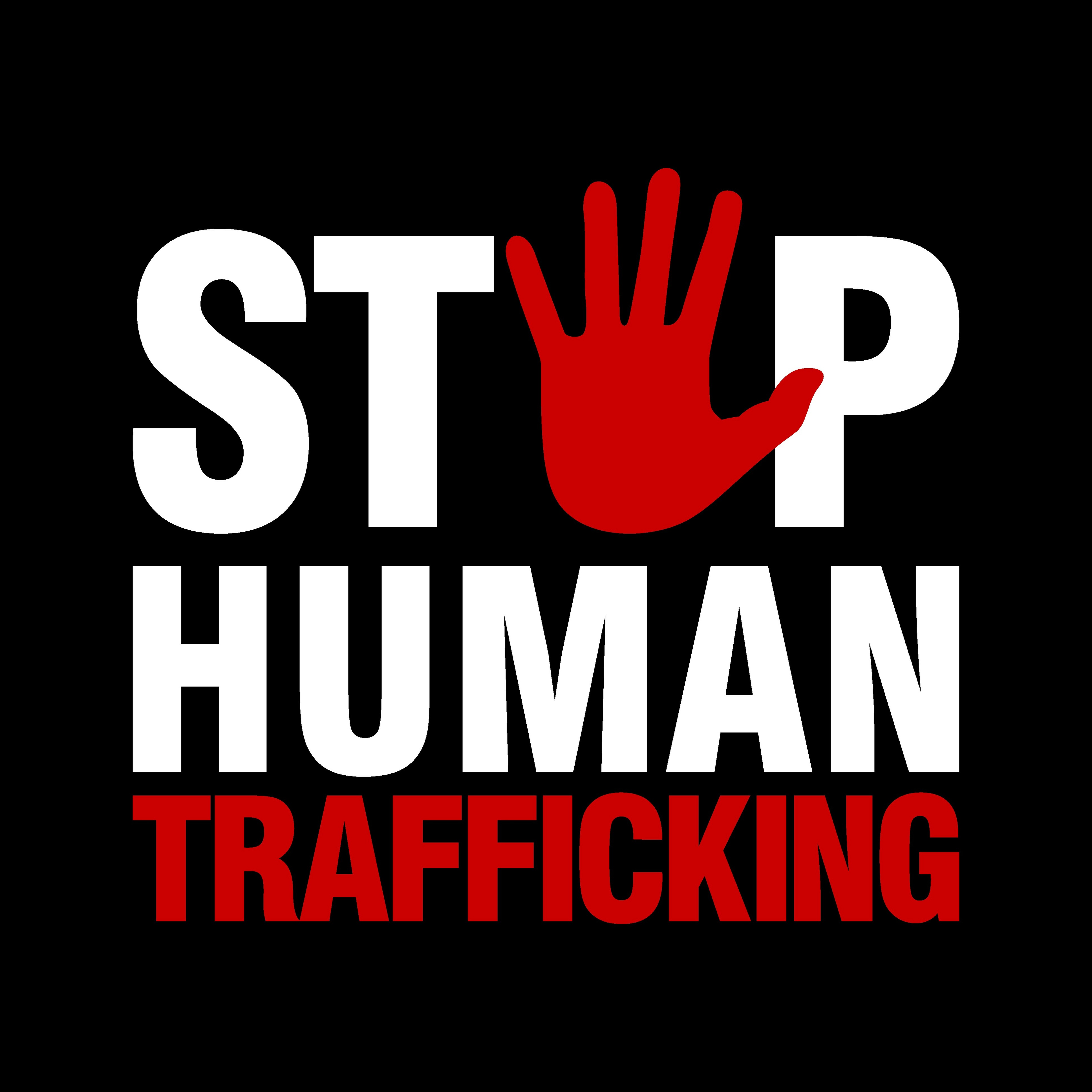 A black background with the words stop human trafficking in white and red and the image of a red handprint