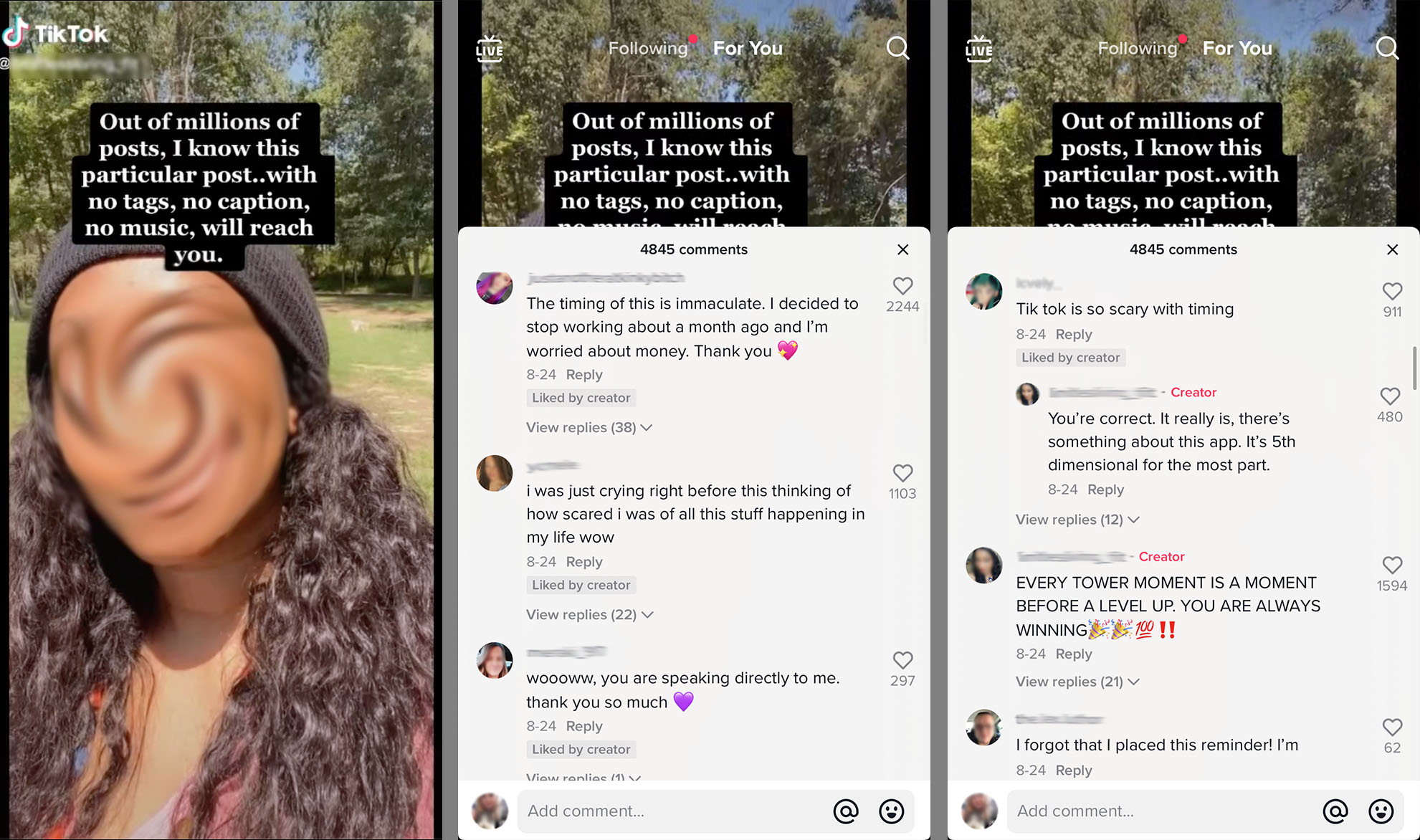 TikTok captions next to blurred face of user