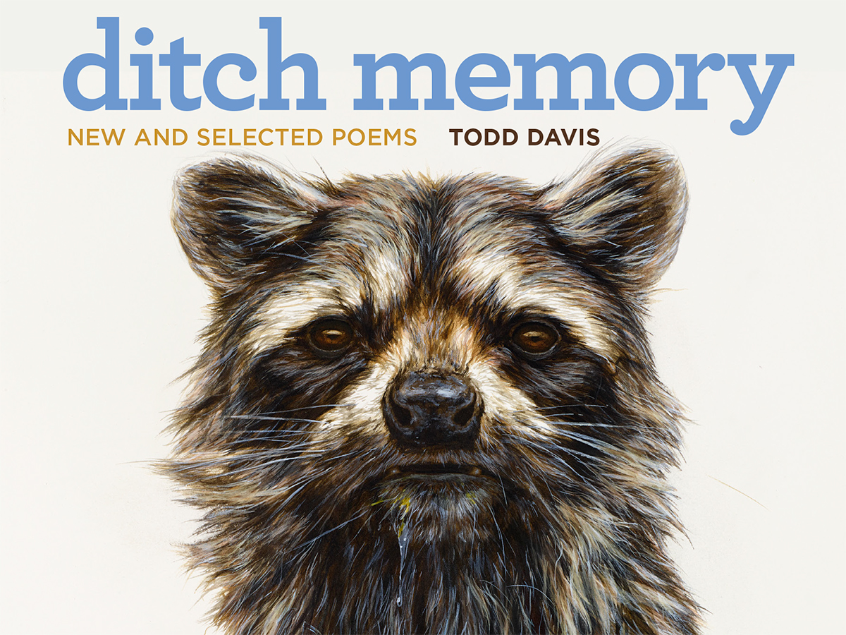 The cover of the book of poetry titled Ditch Memory. The cover shows a raccoon.