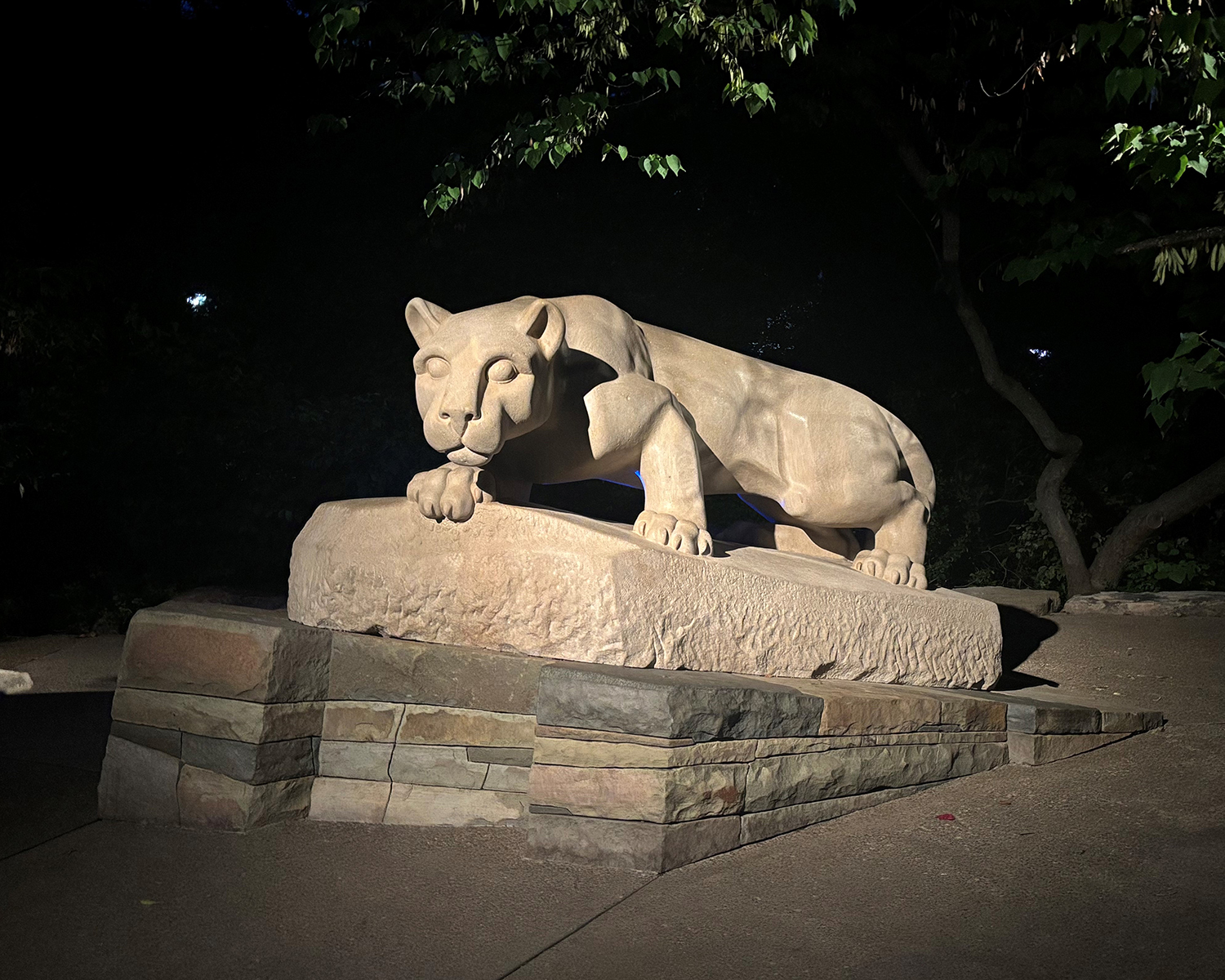 The Nittany Lion Shrine at night.