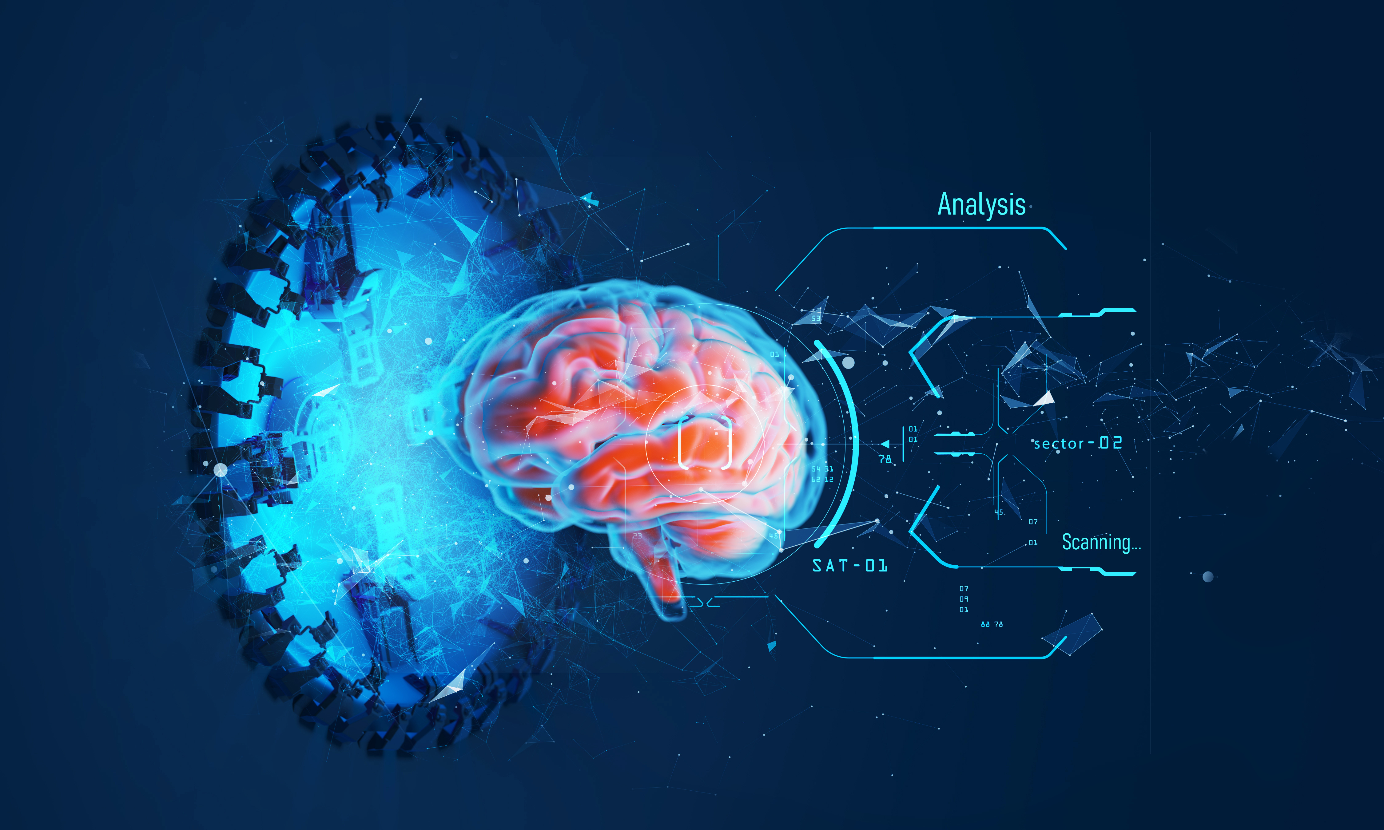 A graphic of a brain atop a navy blue background and analysis graph on the right.