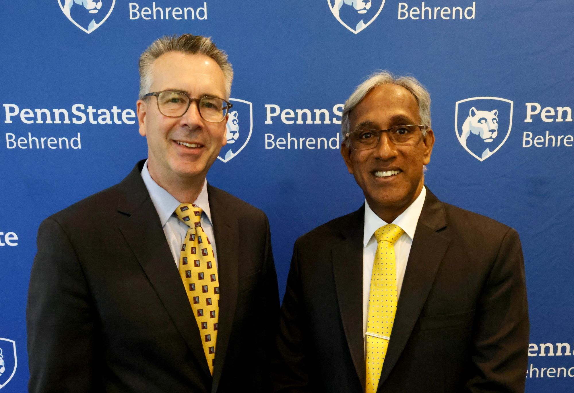 Penn State Behrend Chancellor Ralph Ford poses with GITAM Pro Vice Chancellor KNS Acharya.