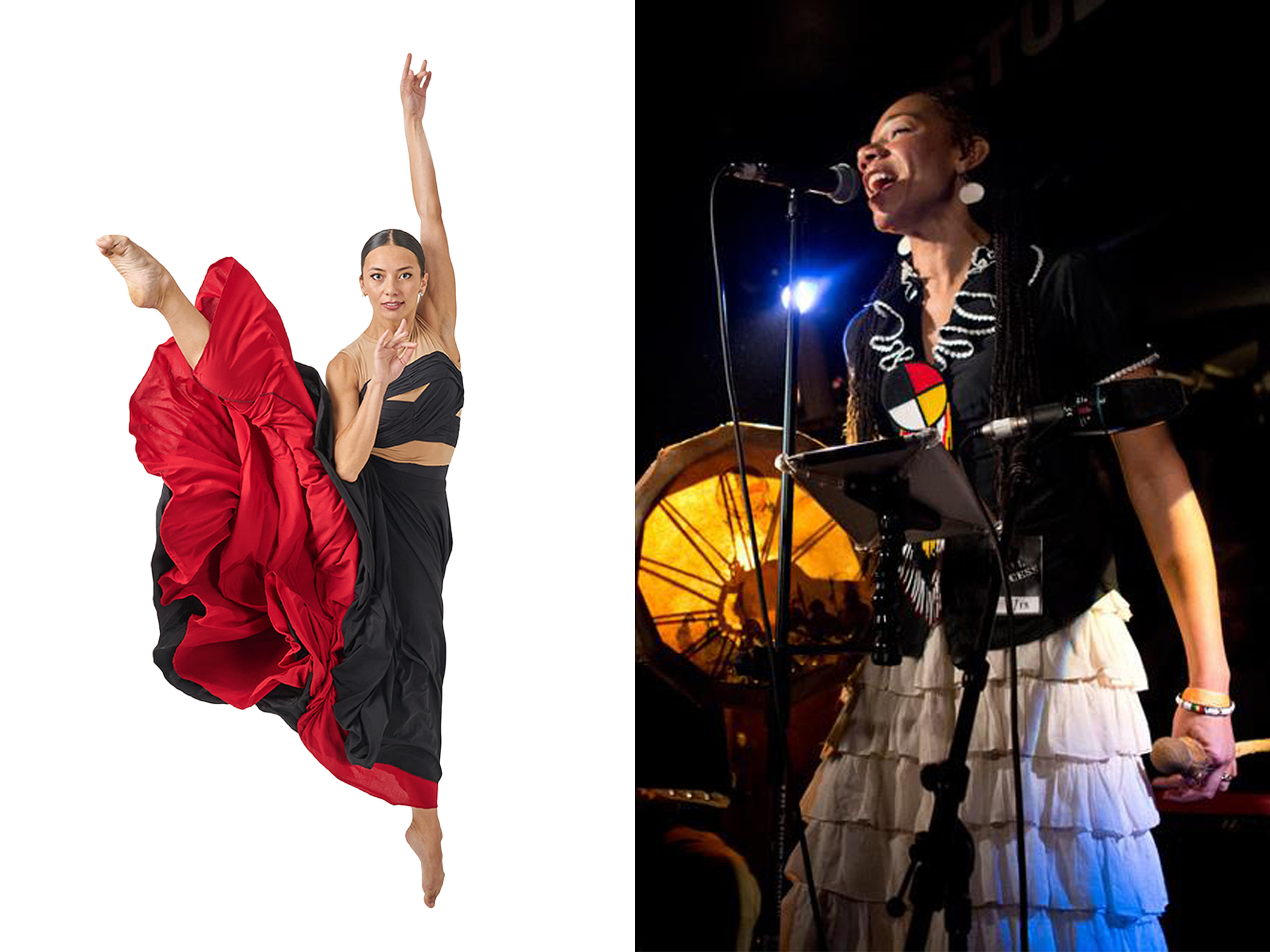 Side by side images, one of a Philadanco dancer and the other of Martha Redbone Roots Project