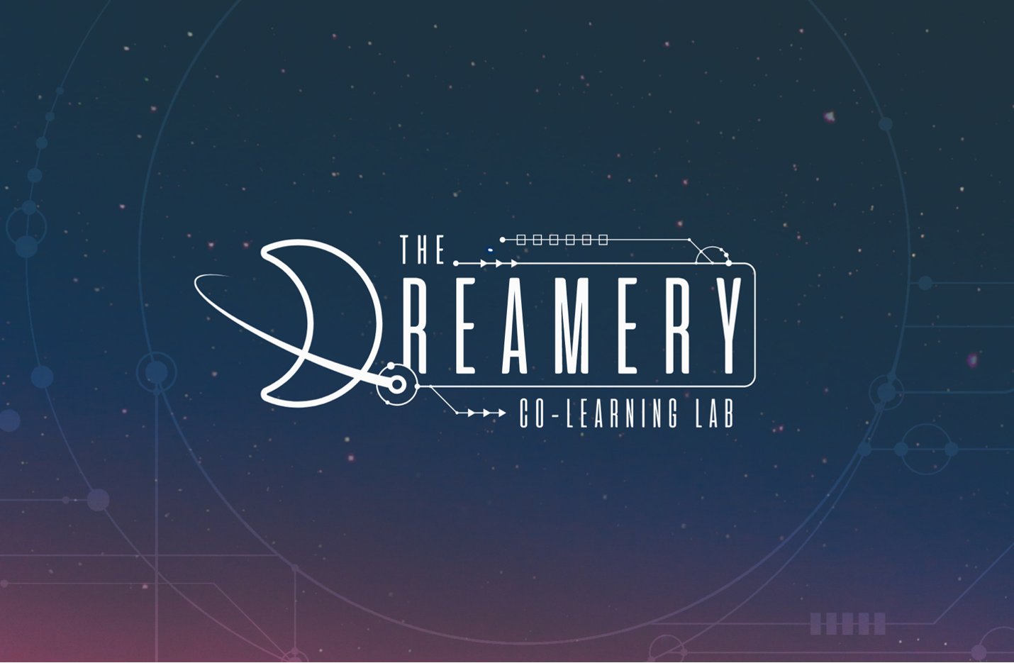 A graphic of The Dreamery Co-Learning Lab design mark on a background of space circuitry. 