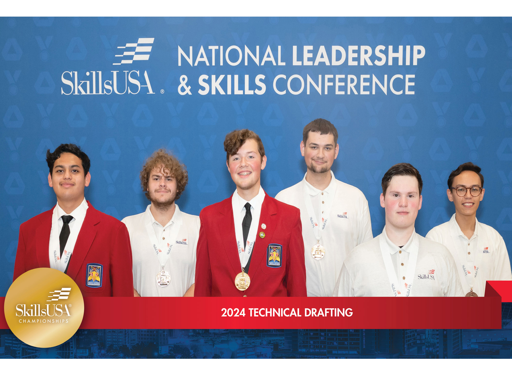 Six people pose for a photo, wearing medals