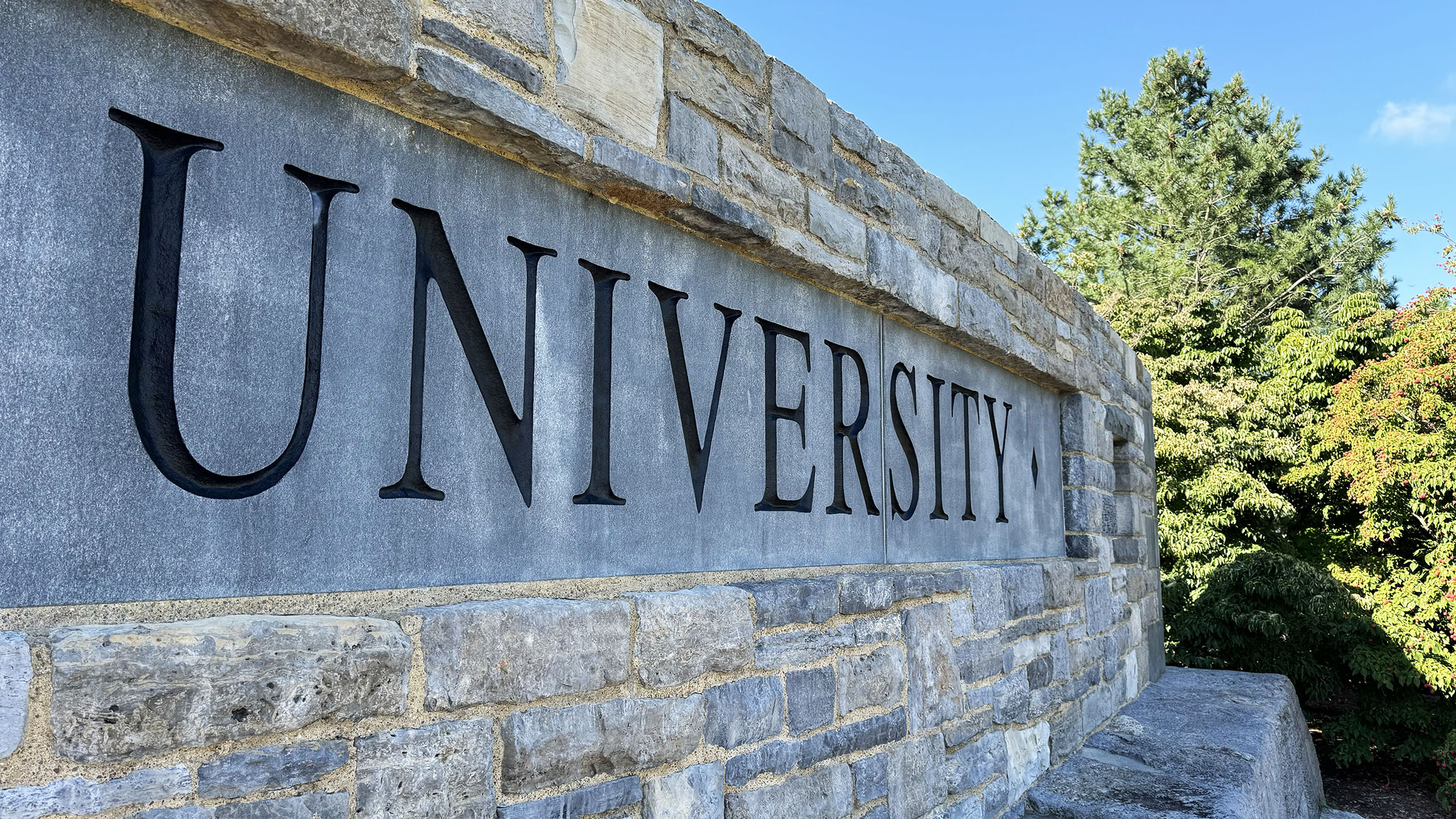 the word 'university' is shown on a stone wall with some trees in the background