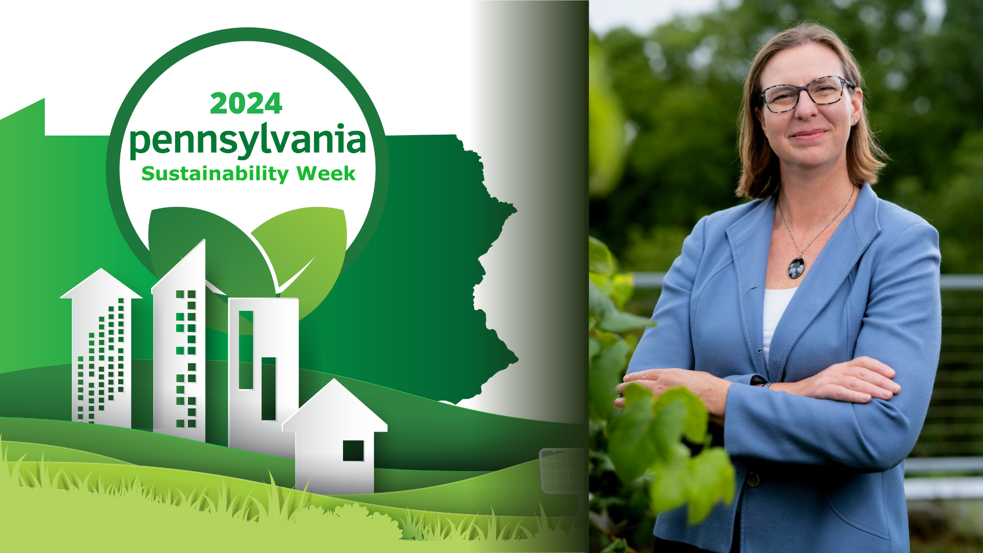 A person is shown standing next to the Pennsylvania Sustainability Week logo.