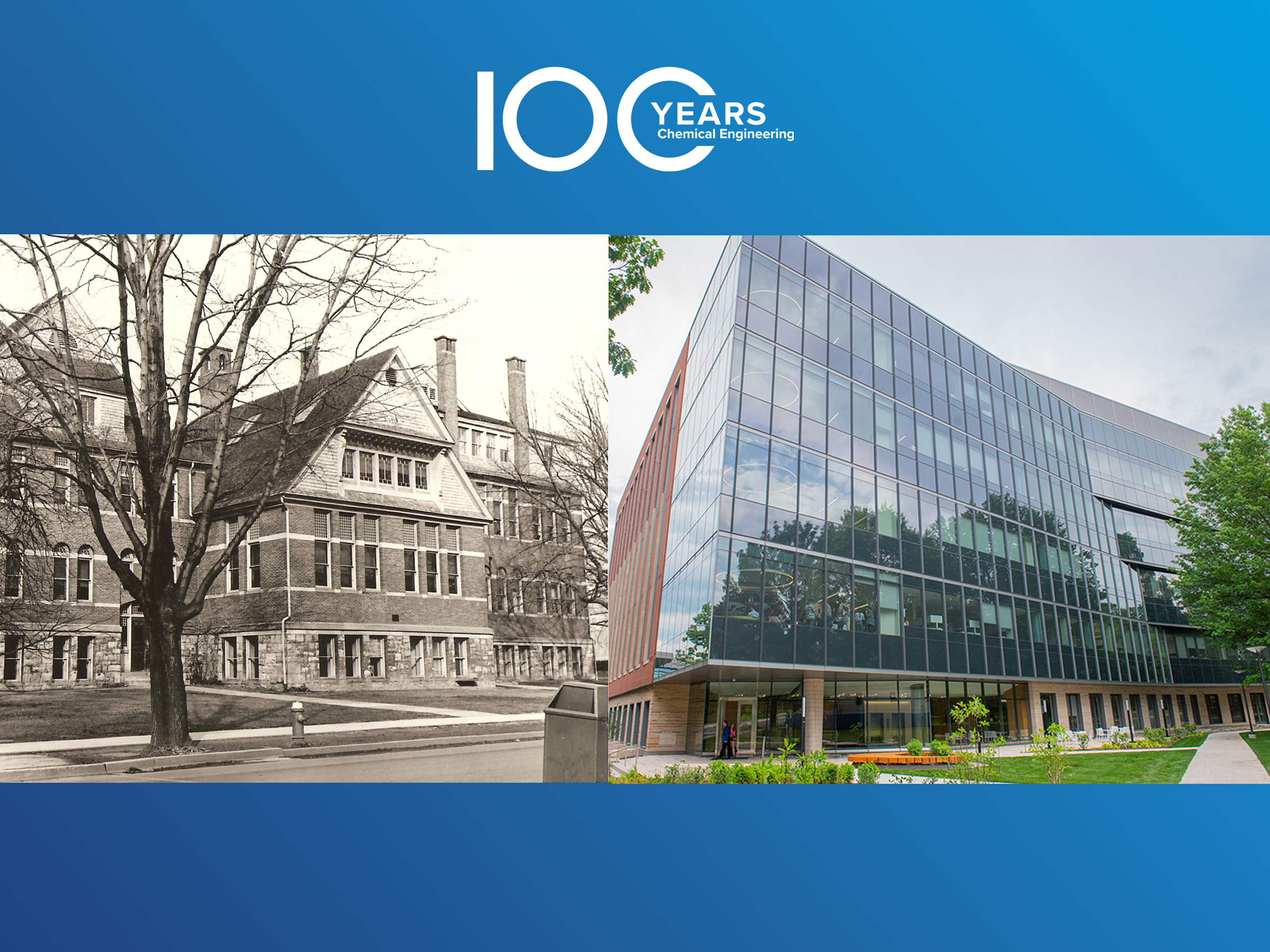 A black and white photo of a building and a modern building on a blue background, with a 100 years logo above. 