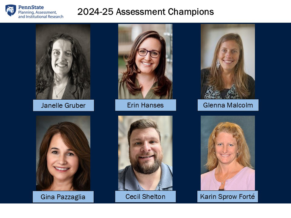 Headshots of the assessment champions: Janelle Gruber, Erin Hanses, Glenna Malcolm, Gina Pazzaglia, Cecil Shelton and Karin Sprow Forte