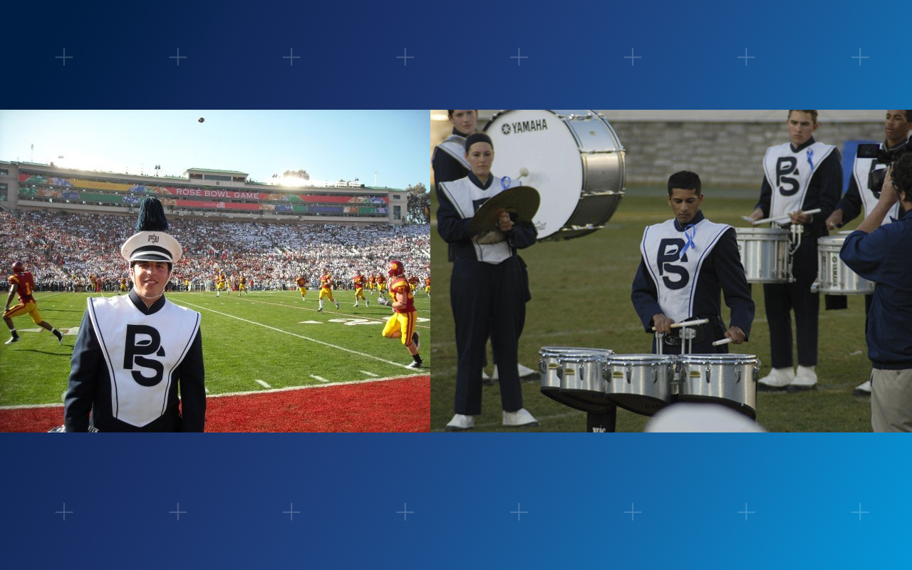 Blue Band member on Rose Bowl field on left; Blue Band drummer on right