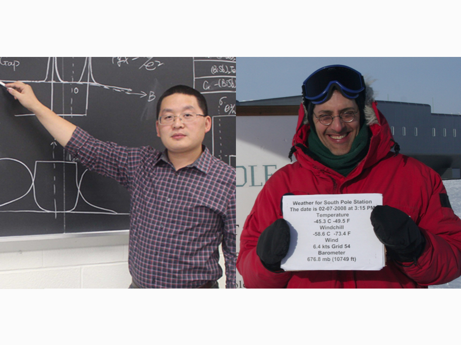 cui-zu chang stands at chalkboard, doug cowen holds sign at south pole