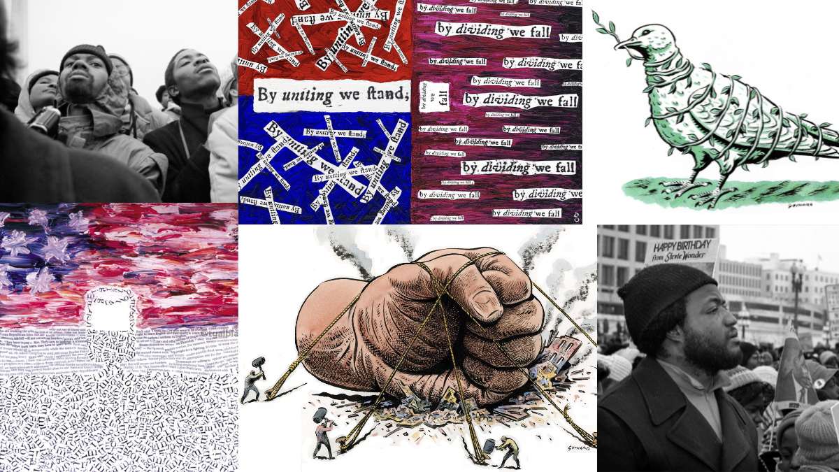 a collage of images from an art gallery about liberty and justice 