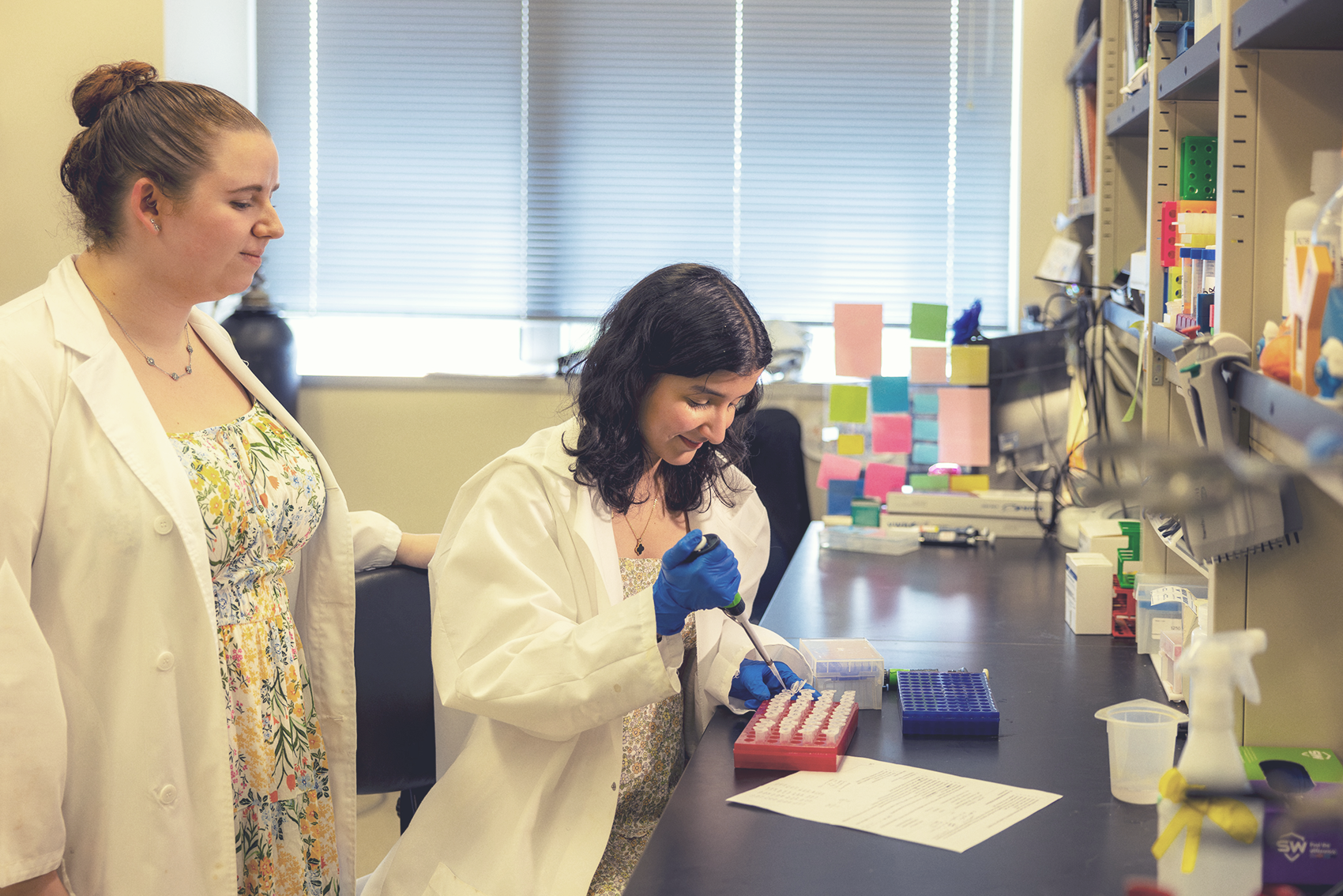 One person at a desk in a laboratory using a pipette while another person looks on