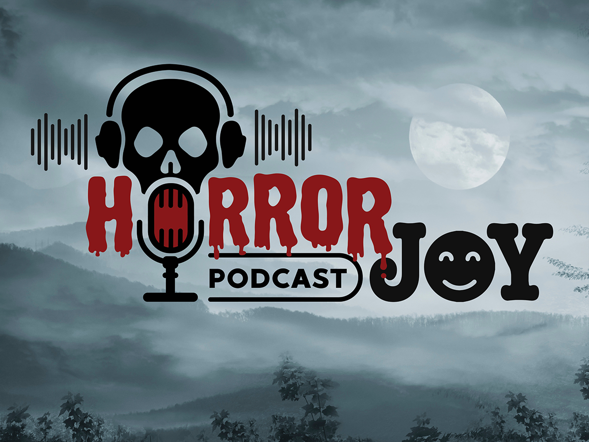 The logo for the Horror Joy podcast, featuring a skull speaking into a microphone