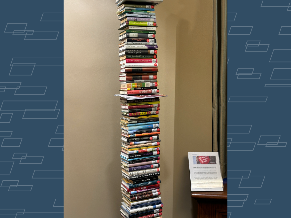 Vertical display of some of the most frequently banned books in public and school libraries