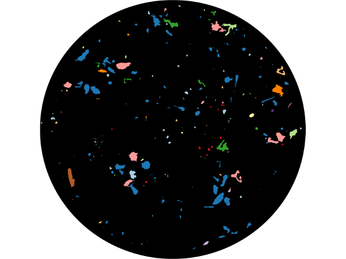 An LDIR image that shows the size, shape, and material characterizations of scanned microplastics that are between 10-990 um (microns).