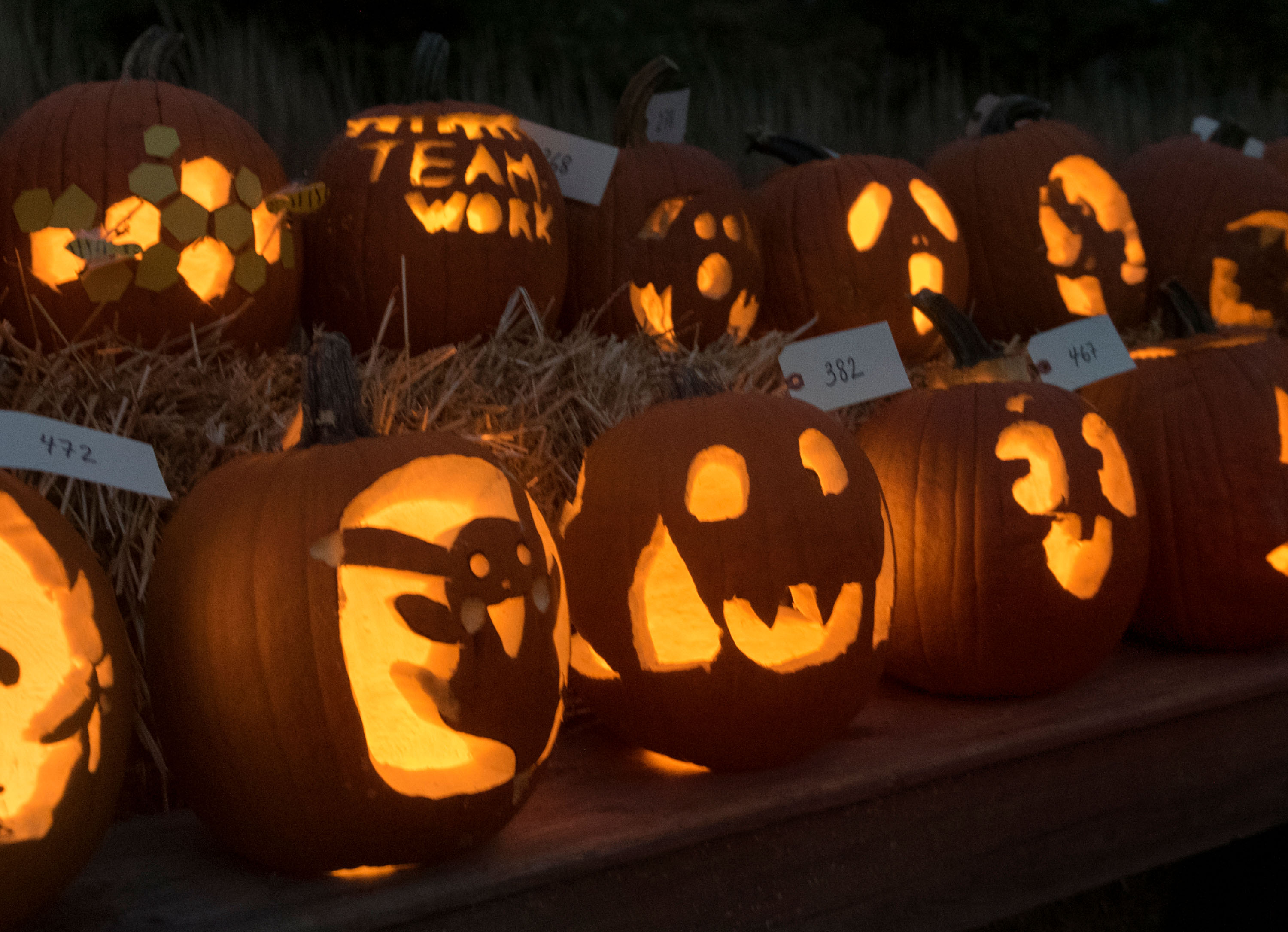 Rows of glowing jack-o'-lanterns 