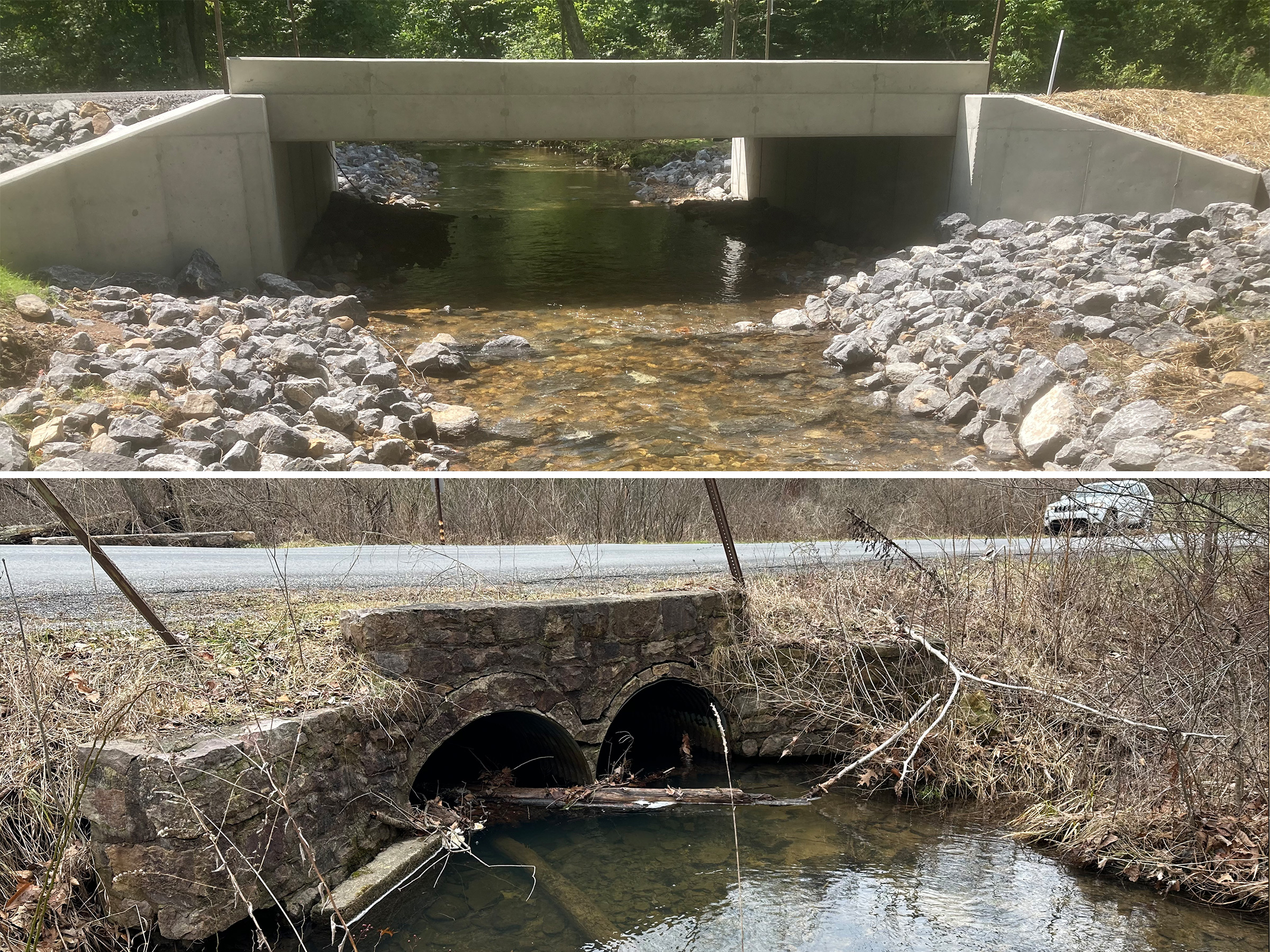 Two stacked photos of stream crossings.  