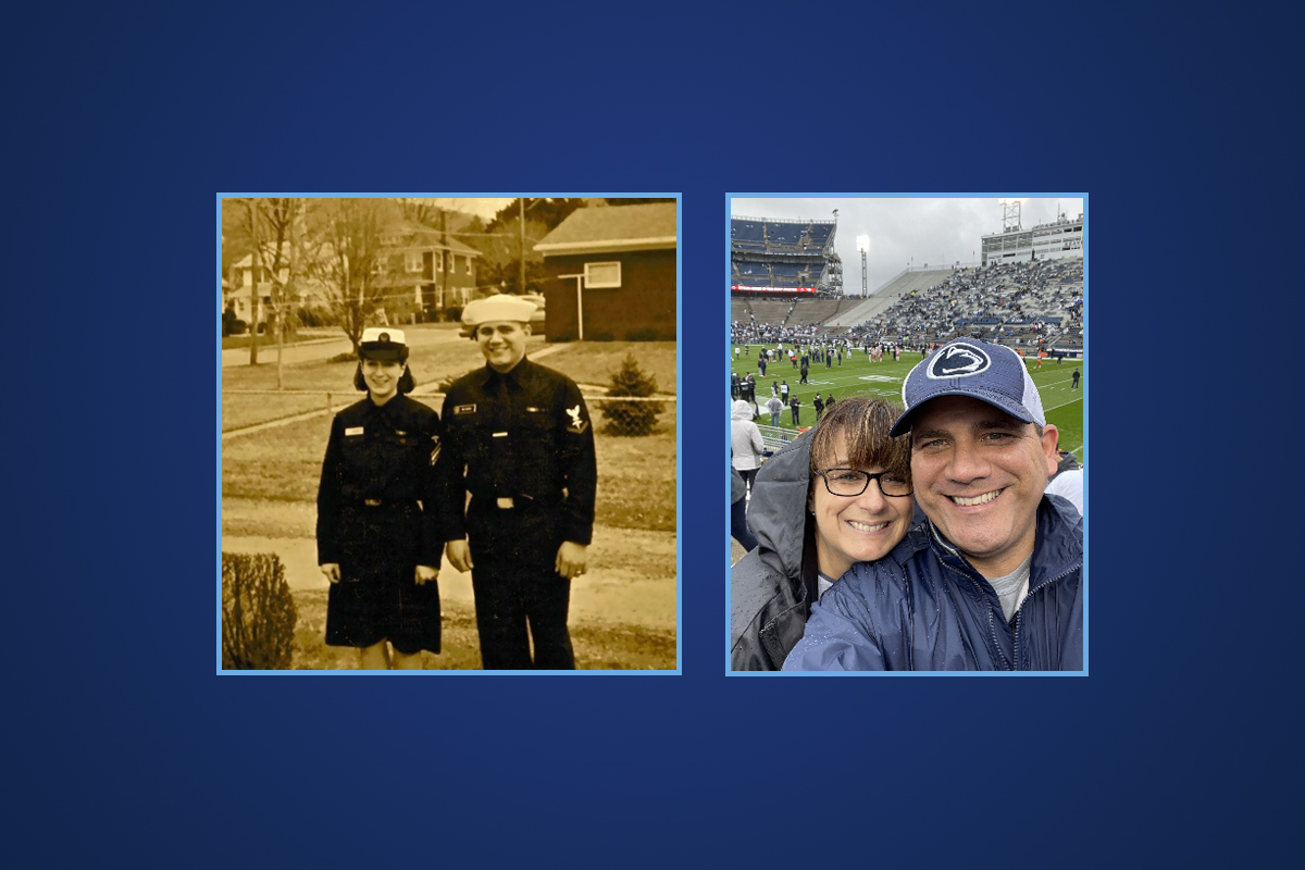 The photograph is a combined image of Mark and Julie Chesney at two different times. In the left side, taken in 1997, they are dressed in their hospital corpsman Navy uniforms standing in front of several military buildings. On the right side they are dressed in Penn State University windbreaker jackets attending a football game. Mark is wearing a Penn State cap. In the background is a large football stadium with a crowd in the seats. 