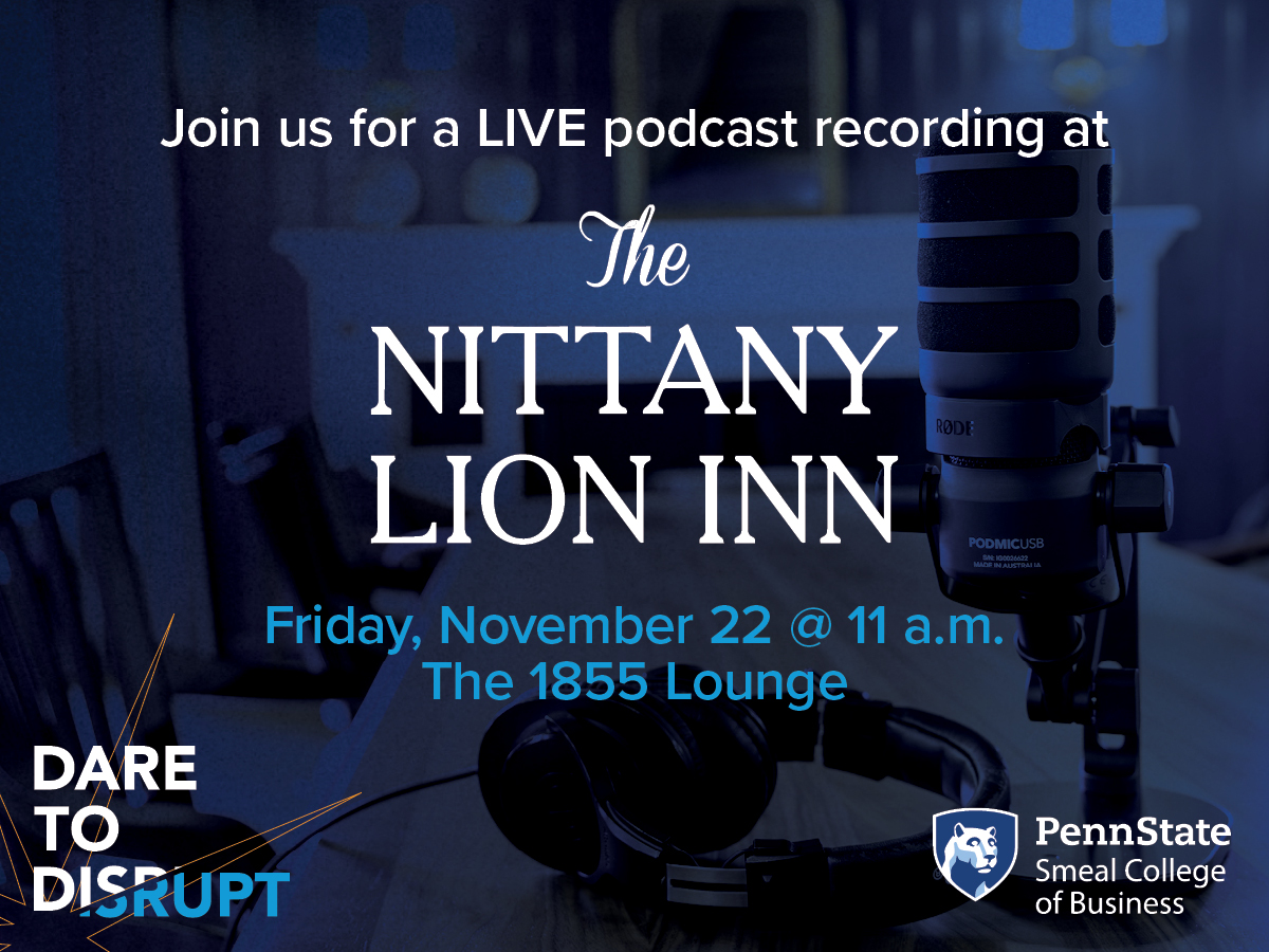 Graphic sharing the event details: podcast recording at The Nittany Lion Inn on Friday, November 22 at 11 am at The 1855 Lounge