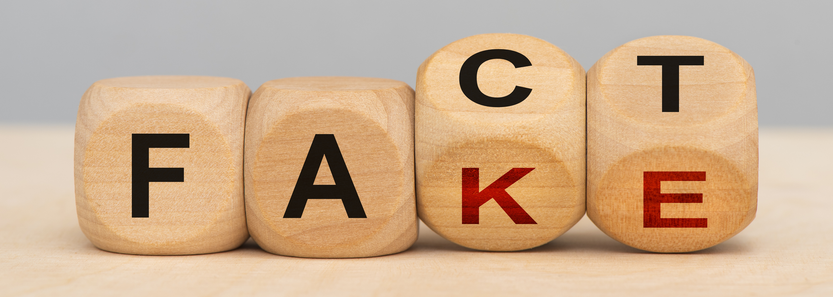 The words "fake" and "fact" printed on wooden cubes