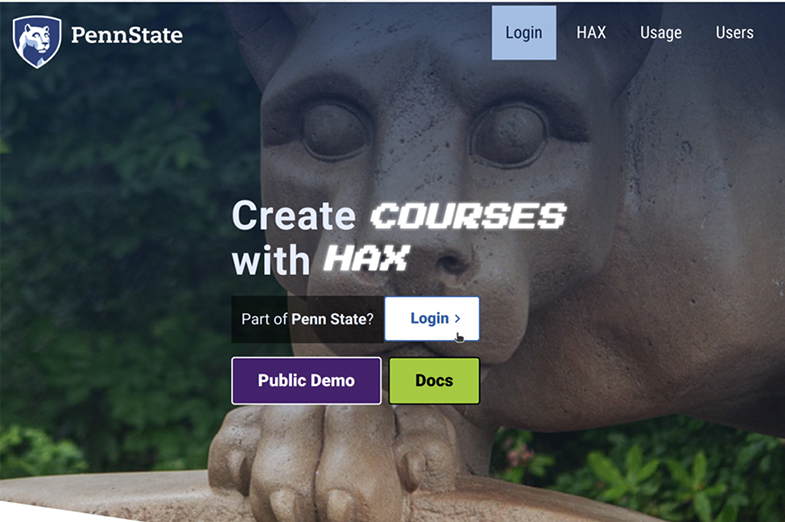 Screen shot of a website landing page with the penn state nittany lion statue as a background