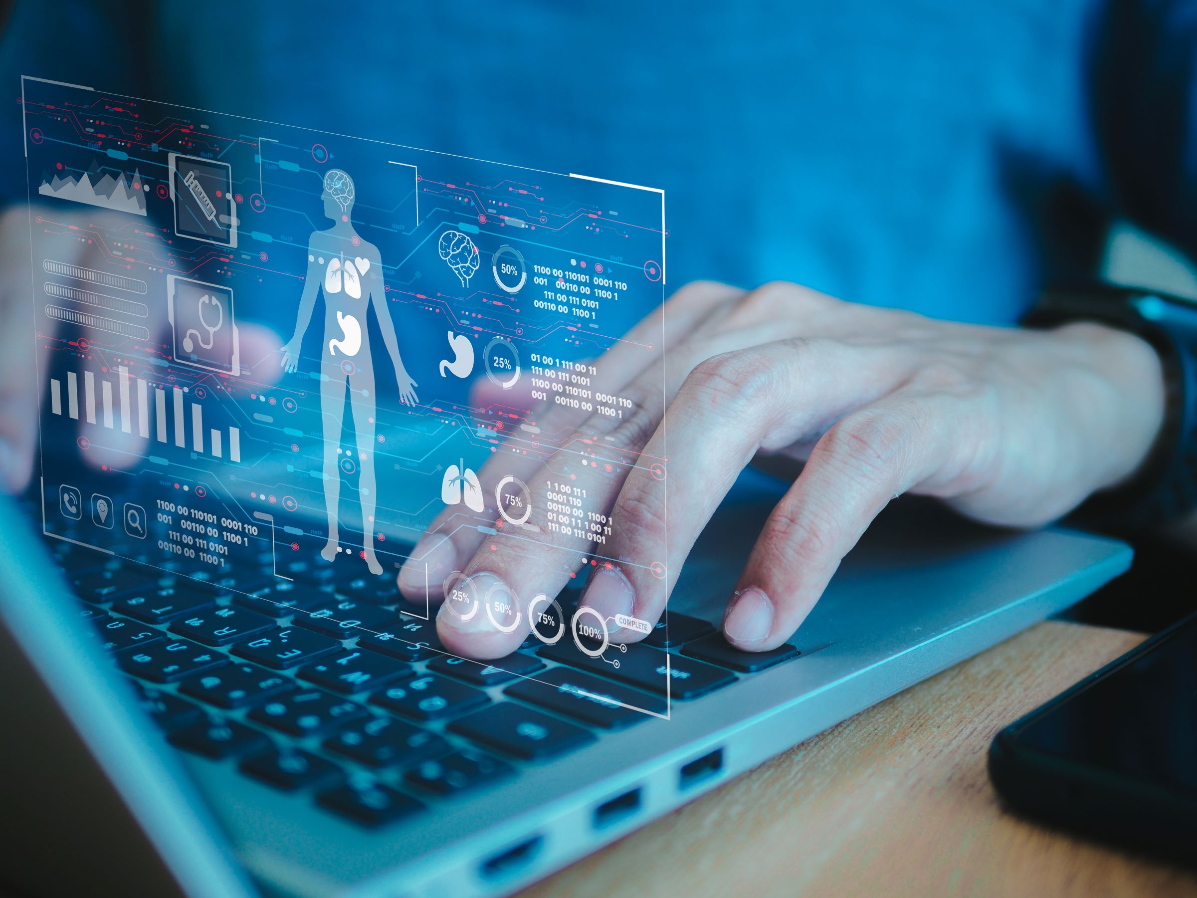 Closeup of hands typing on a laptop with an overlaid health graphic