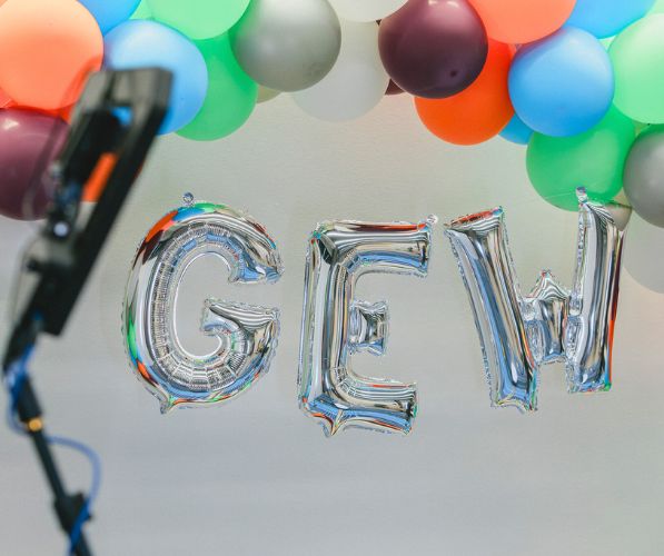 GEW balloon signage at entrance to Eric J. Barron Innovation Hub